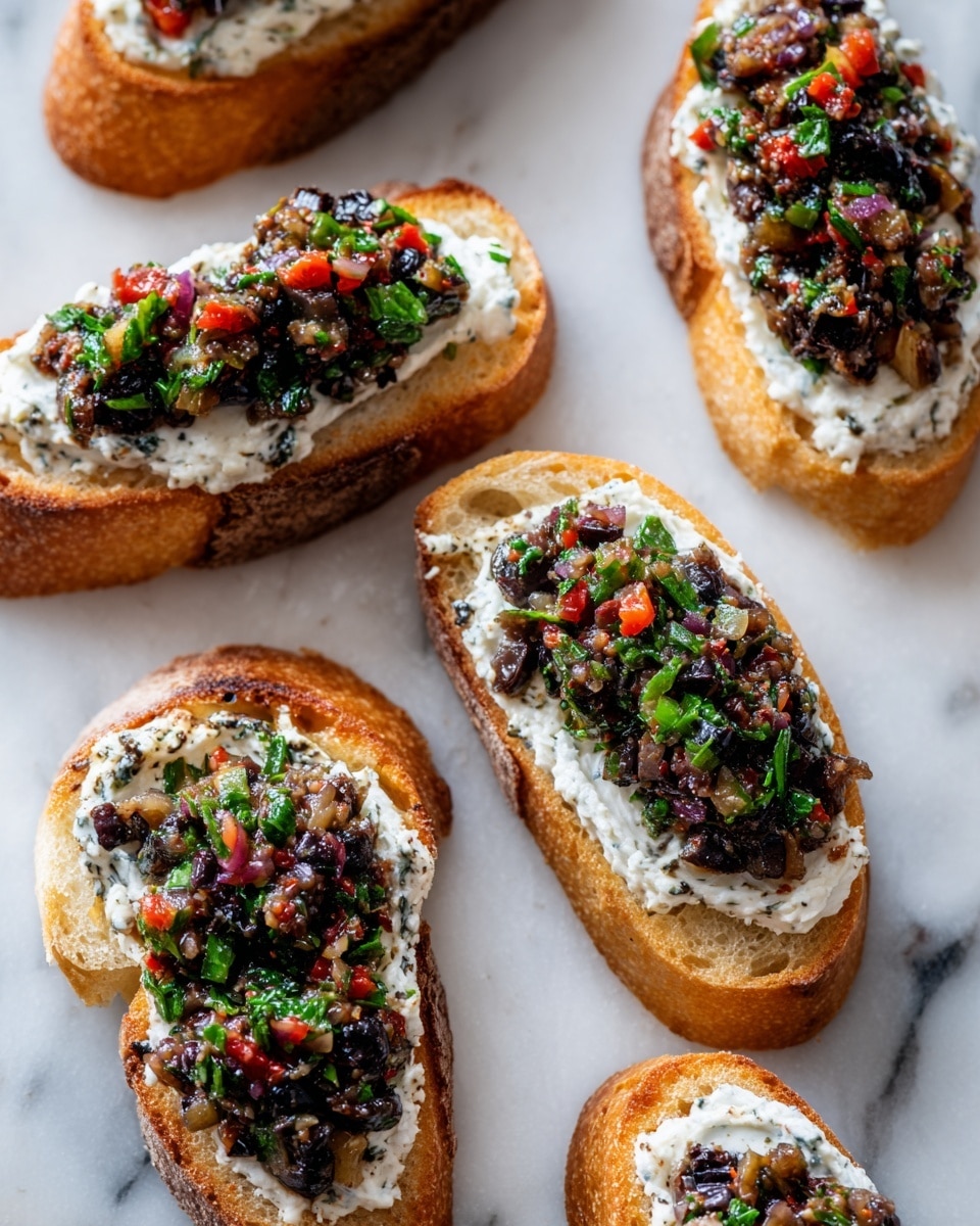 The image shows several pieces of toasted bread slices with three visible layers on each slice. The bottom layer is golden brown toasted bread with a crispy texture. The middle layer is a thick spread of white creamy cheese sitting evenly on top of the bread. The top layer is a colorful mix of finely chopped olives, red peppers, and green herbs, creating a textured, chunky topping. The slices are placed closely together on a white marbled surface. The whole scene is bright and fresh, with soft natural light. photo taken with an iphone --ar 4:5 --v 7