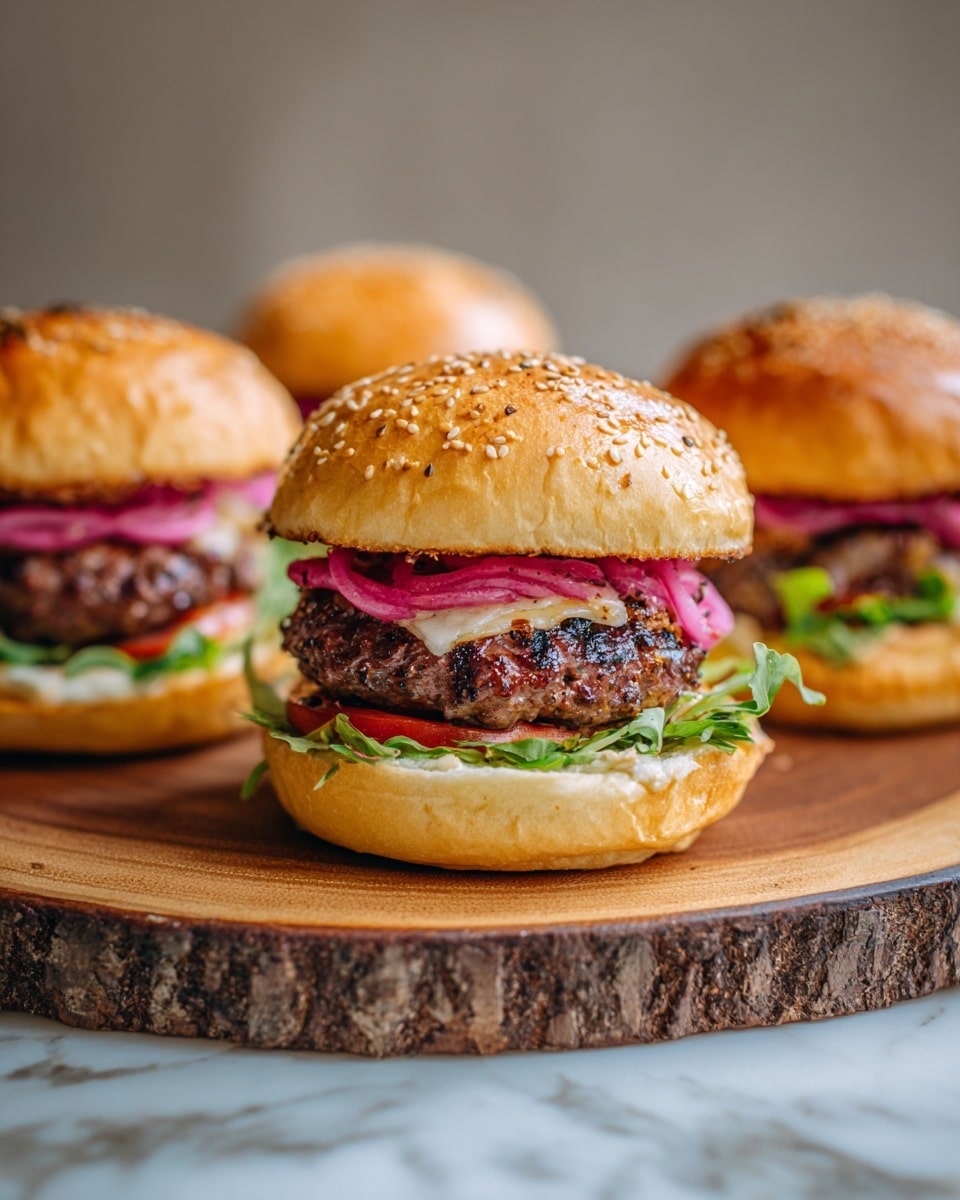 Three classic hamburgers are placed on a round wooden board with a rich brown color and textured bark edge, set on a white marbled surface. Each burger has four visible layers: a sesame seed top bun that is golden brown, a layer of bright pink pickled onions with a slightly shiny texture, a thick, juicy brown beef patty with a seared surface, a fresh red tomato slice, and a crisp green leaf of lettuce. The bottom bun is golden brown and looks soft. The burgers are arranged with one centered in front and two slightly behind on both sides, all facing forward. Photo taken with an iphone --ar 4:5 --v 7