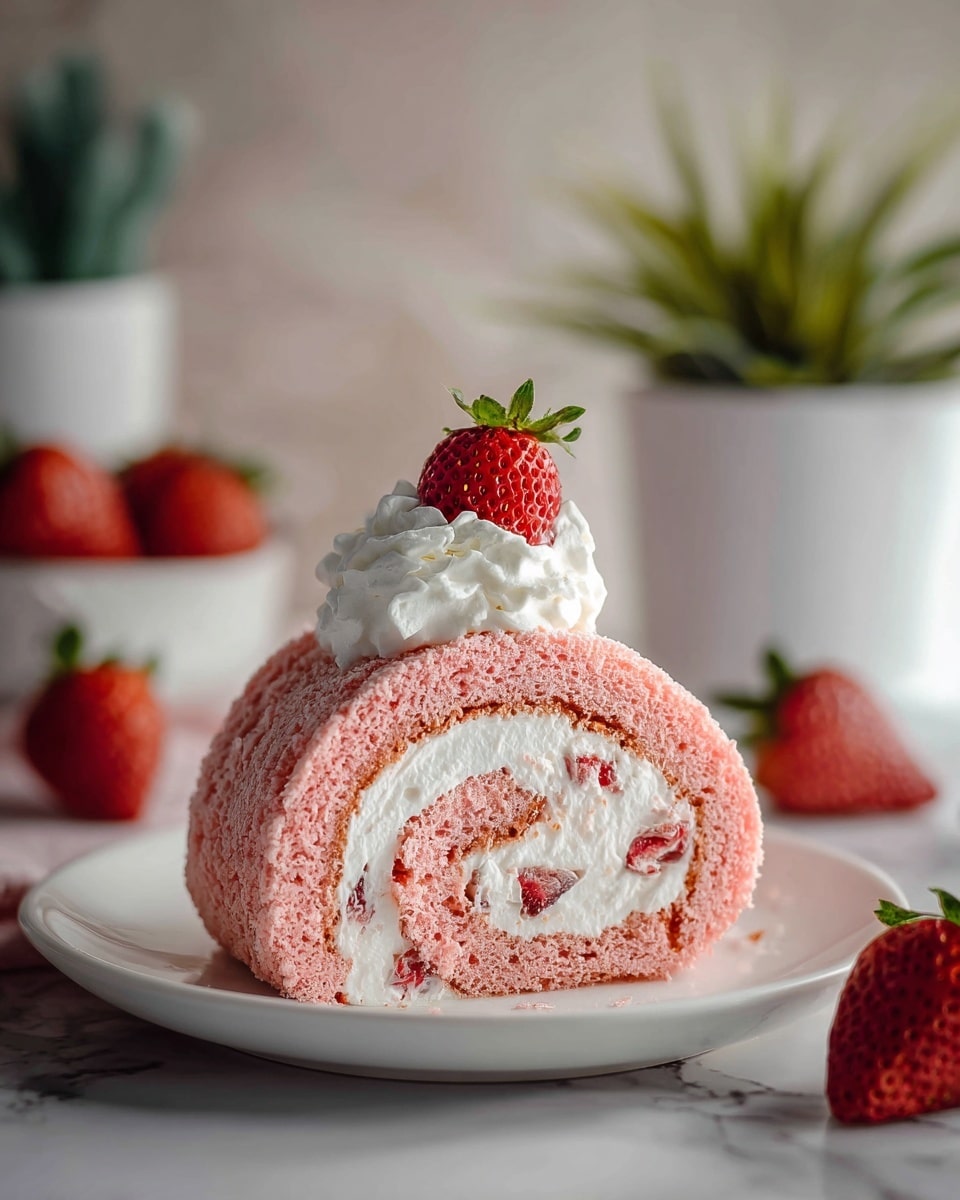 The image shows a pink sponge roll cake on a wooden board placed over a white marbled surface. The roll has one visible main layer of soft pink sponge wrapped around a thick, white cream filling mixed with small pieces of fresh strawberries. On top, there is a neat row of white whipped cream dollops, each topped with a half or whole bright red strawberry. Around the board and on the surface are whole and halved strawberries scattered casually. In the background, a pink ceramic cup and a tan ceramic mug sit slightly out of focus, along with a small green plant and a blurred pink figurine. photo taken with an iphone --ar 4:5 --v 7