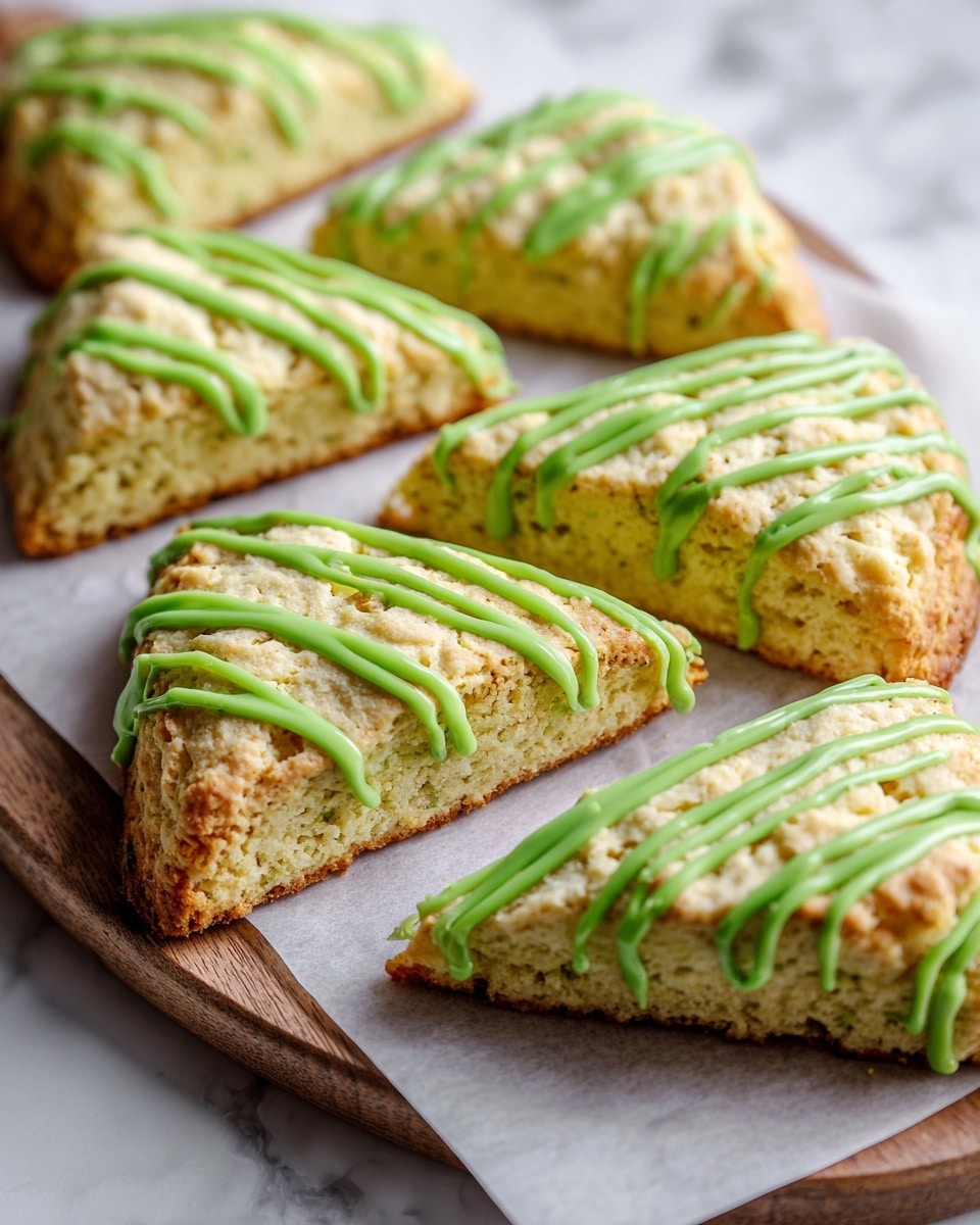 The image shows six green scones with a rough, crumbly texture arranged on white parchment paper on a wooden board. Each scone is triangular in shape and has bright green icing drizzled in thick, smooth lines across the top, adding a glossy layer of decoration. The scones are placed in a slightly scattered manner, with the wooden board and white marbled surface visible around them. The colors include light green, brown edges, and vivid green icing, creating a natural, fresh look. Photo taken with an iphone --ar 4:5 --v 7