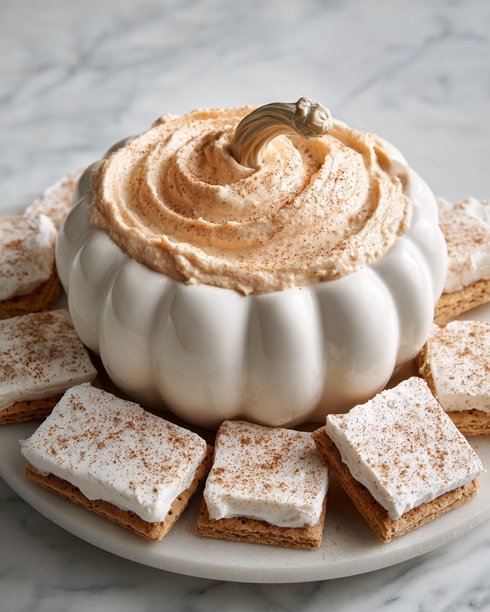 A white pumpkin-shaped container is filled with a thick, creamy, light brown dip that swirls on top and is sprinkled with a fine dusting of cinnamon or spice powder. Around the container, rectangular frosted crackers are stacked and laid out, with a smooth white frosting layer on top that also has a light sprinkle of the same spice. The whole setup sits on a dark plate with a white marbled surface underneath, and a white pumpkin decoration is blurred softly in the background. Photo taken with an iphone --ar 4:5 --v 7