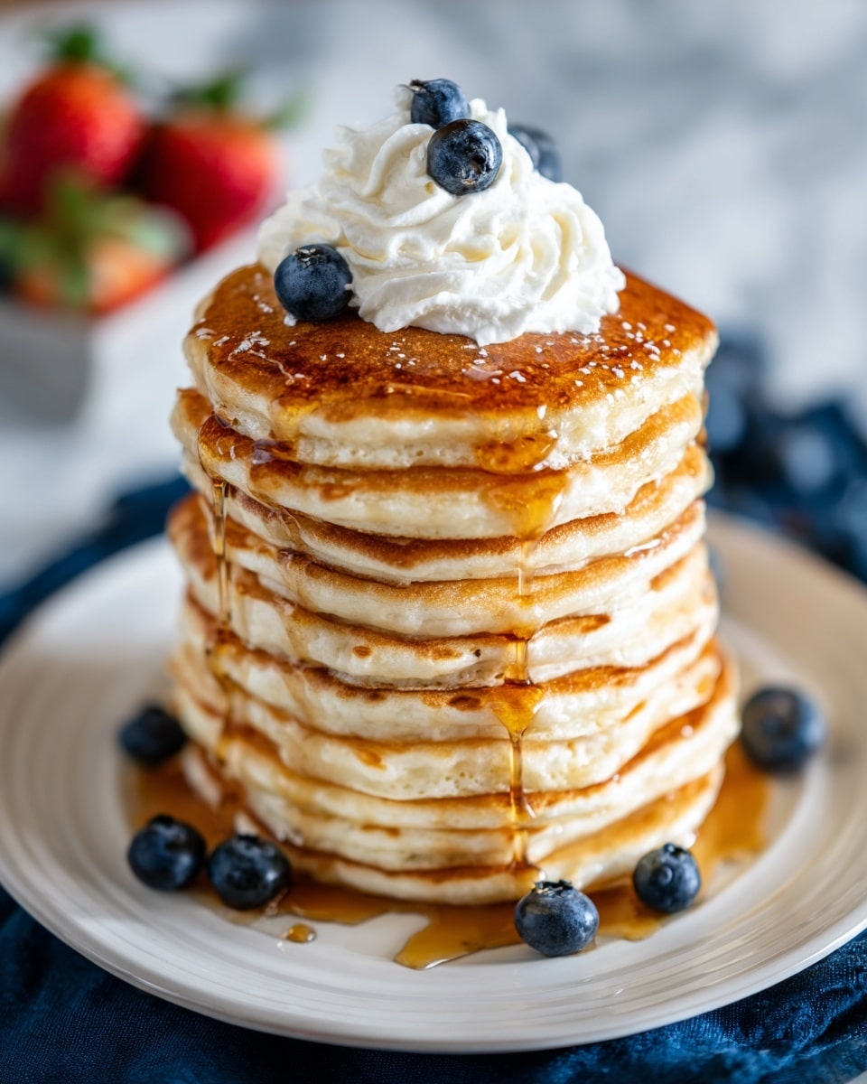 A stack of seven thick golden-brown pancakes sits in the center of a white plate, each pancake showing a fluffy texture with slightly crisp edges. Smooth, shiny syrup drips down the sides and pools at the bottom of the plate, creating a warm, glossy effect. On top of the stack is a swirl of white whipped cream, adding softness and a fresh look. Around the plate, several fresh blueberries and a couple of strawberries add bursts of deep blue and red color. The plate rests on a crumpled dark blue cloth, with a white marbled surface underneath, and the background is dark, making the pancakes stand out clearly. photo taken with an iphone --ar 4:5 --v 7