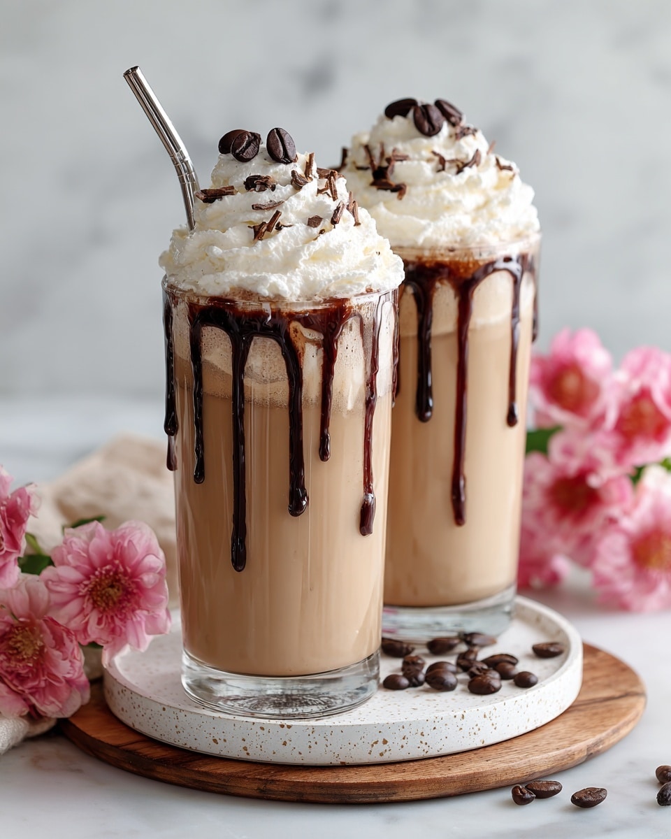 Two tall clear glasses filled with a thick light brown iced coffee drink showing smooth flowing dark brown chocolate syrup decorating the inside of the glasses in big streaks. Each glass has a swirl of white whipped cream on top, sprinkled with small dark brown coffee beans and fine dark chocolate shavings. The front glass has a black straw sticking out and slight drips of the drink running down the outside. Both glasses sit on round white plates with brown specks, placed on a dark wooden board. Bright pink flowers and scattered coffee beans add color around the glasses on a white marbled surface. Photo taken with an iphone --ar 4:5 --v 7