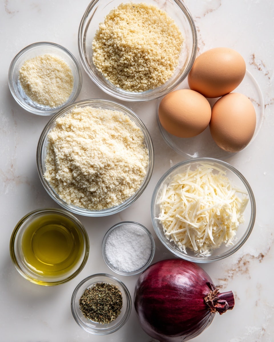 A top view of several clear glass bowls arranged on a white marbled surface, each containing different ingredients: one bowl holds breadcrumbs with a pale creamy color and fine texture, another has light brown cooked quinoa with a slightly fluffy look, a small bowl contains two brown eggs, and another is filled with shredded white cheese. There is also a bowl with light green olive oil and a small bowl with a mix of seasonings including black pepper, garlic powder, dried oregano, and salt. A whole red onion sits directly on the surface near the bowls. photo taken with an iphone --ar 4:5 --v 7