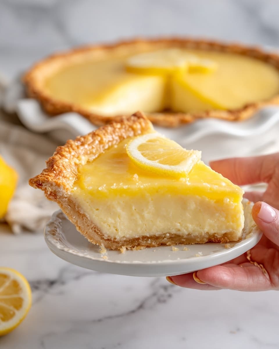 A slice of lemon tart is being lifted by a woman's hand from a white plate, showing three distinct layers: a golden brown, flaky crust at the bottom and sides with a slightly rough texture; a smooth, thick pale yellow lemon filling in the middle with a creamy appearance; and a glossy, slightly darker yellow lemon curd layer on top. The tart slice is held in focus with the rest of the tart visible in the background, all set on a white marbled surface. The photo taken with an iphone --ar 4:5 --v 7