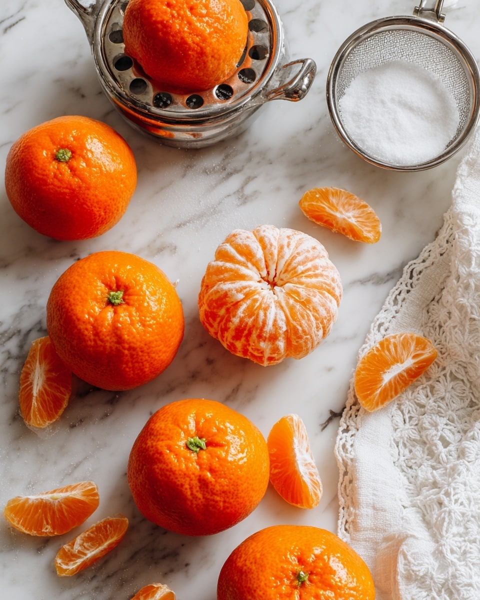 The image shows a group of bright orange tangerines scattered on a white marbled surface. There is one peeled tangerine near the center-right with its segments still close together. Several tangerine peels and loose segments are spread around. In the top left, an orange juicer holds a whole tangerine, and next to it is a glass bowl with white sugar, partially covered with a small metal sifter. A white lace cloth is partially visible on the right side of the image. The colors are vibrant with the orange of the fruit contrasting against the white marble and lace. photo taken with an iphone --ar 4:5 --v 7