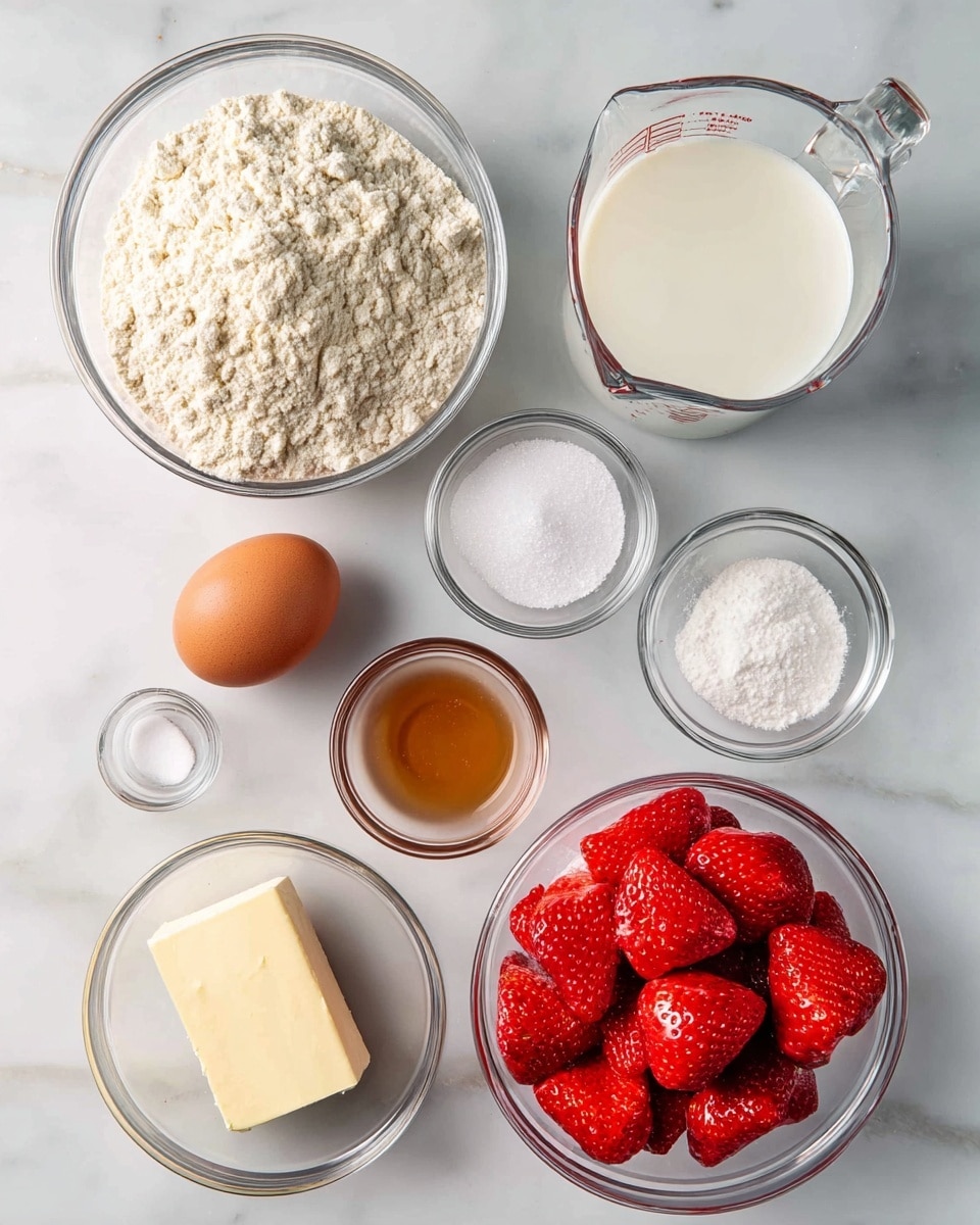 The image shows several clear glass bowls and containers on a white marbled surface, each with different ingredients. The largest bowl at the bottom right contains bright red strawberry halves with a shiny texture. To the left, a medium bowl is filled with light beige flour that has a rough, powdery surface. Above that is a small bowl with fine white sugar granules. Next to it, an egg with a smooth, brown shell sits directly on the surface. Above the strawberries is a clear measuring cup with white milk. At the bottom center is a rectangular stick of pale yellow butter in its wrapper. Near the butter, there is a small glass bowl with a thick light brown liquid, and two smaller glass bowls hold a white powder and white salt granules. The setup is neat and bright, suggesting baking ingredients arranged for easy use. photo taken with an iphone --ar 4:5 --v 7