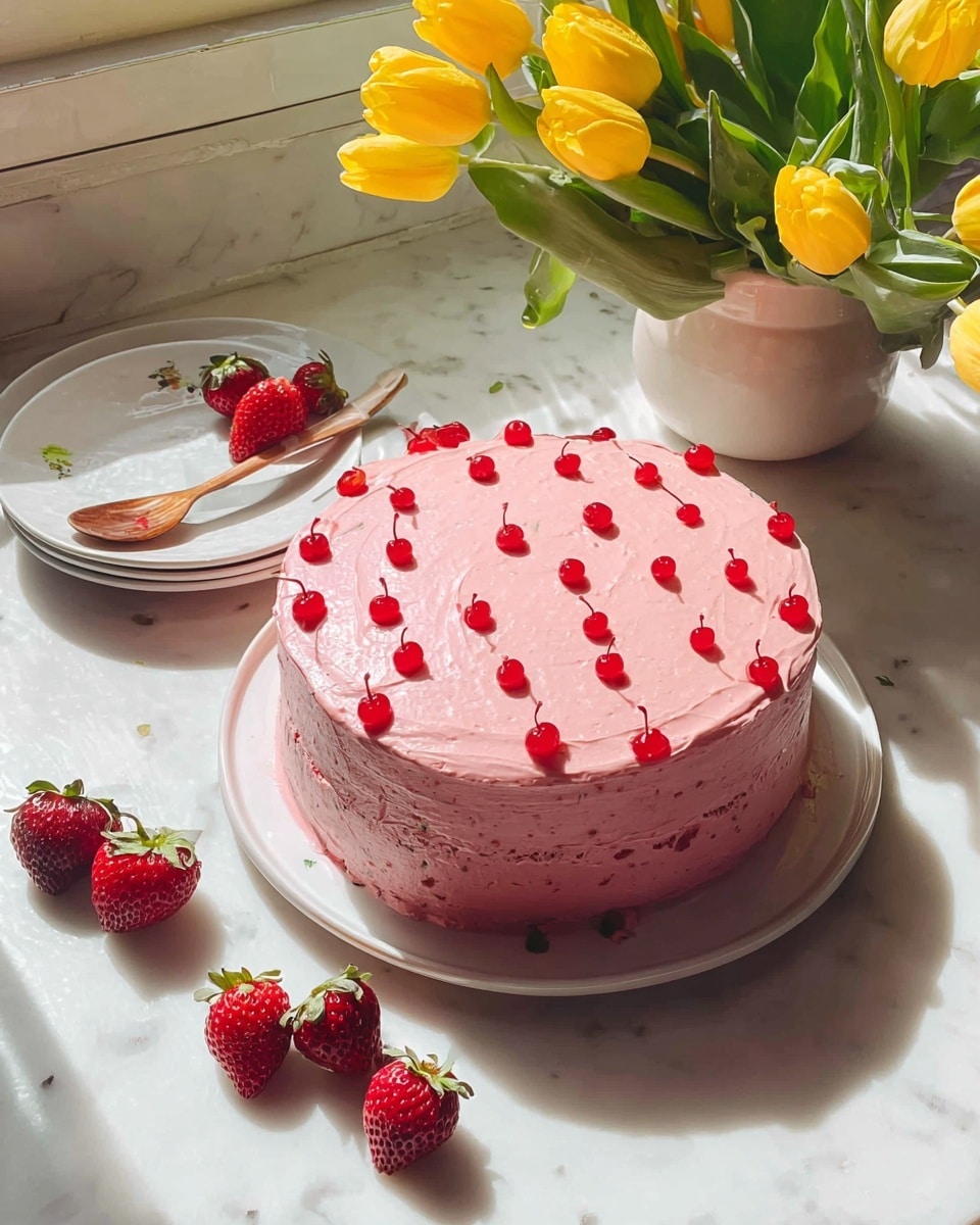A round cake with two layers is covered in smooth pink frosting all over, with small red cherry decorations scattered evenly on the top and around the sides. The cake sits on a white plate placed on a white marbled surface. Around the cake, there are fresh strawberries and a white plate with a spoon that has a wooden handle. In the background, there is a white bowl filled with bright yellow tulips and green leaves. Sunlight lights up the scene, creating soft shadows. Photo taken with an iphone --ar 4:5 --v 7