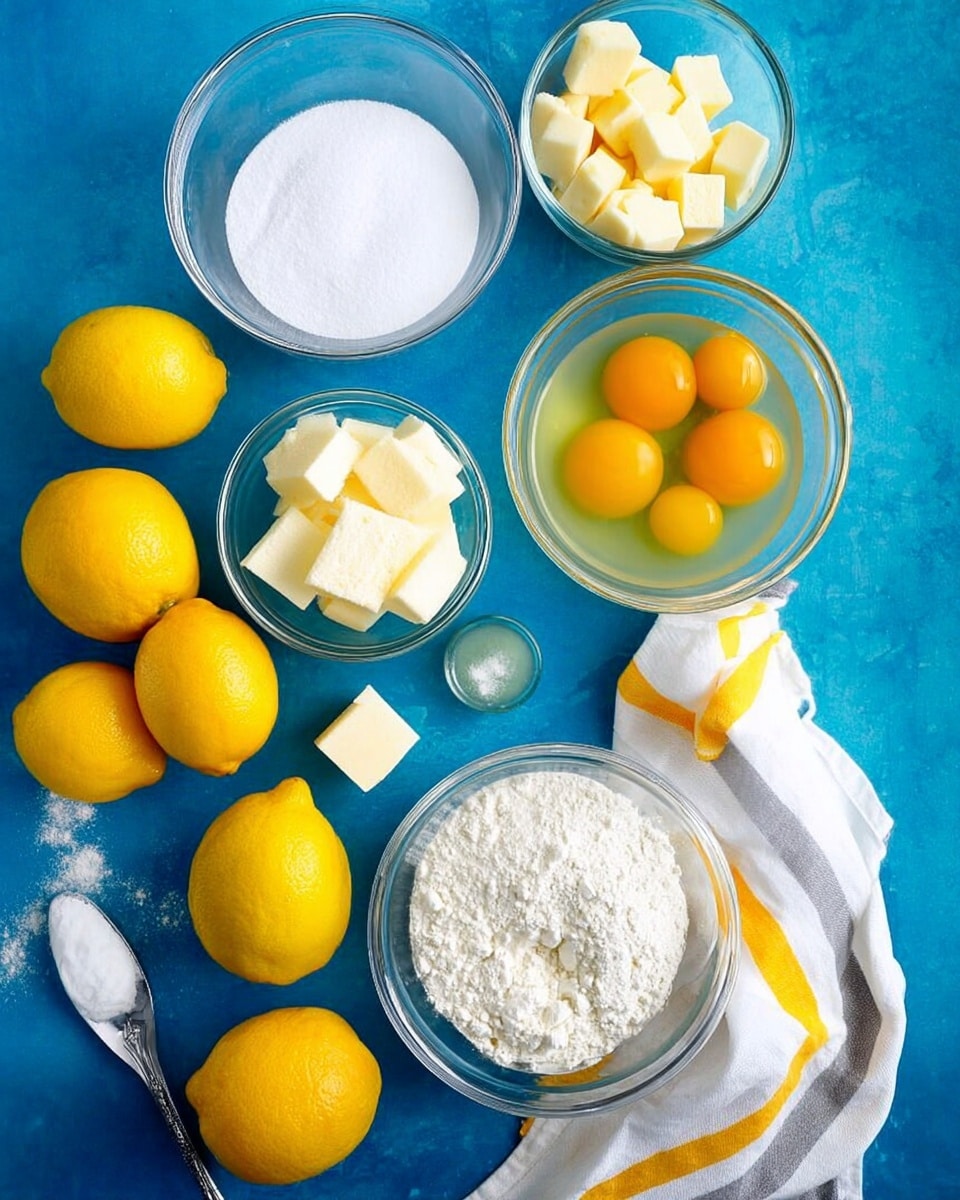 The image shows several clear glass bowls and fresh lemons arranged neatly on a bright blue surface, changed to a white marbled texture. There are five bowls: one with white sugar, one with small cubes of pale yellow butter, one with three raw eggs showing bright yellow yolks, one with white flour, and one with a clear liquid, likely lemon juice. Around the bowls are whole and halved bright yellow lemons. A silver utensil with a white handle is placed near the bottom left, and a white cloth with yellow and gray stripes is on the right side. The overall scene is clean and bright with a focus on fresh ingredients for baking photo taken with an iphone --ar 4:5 --v 7