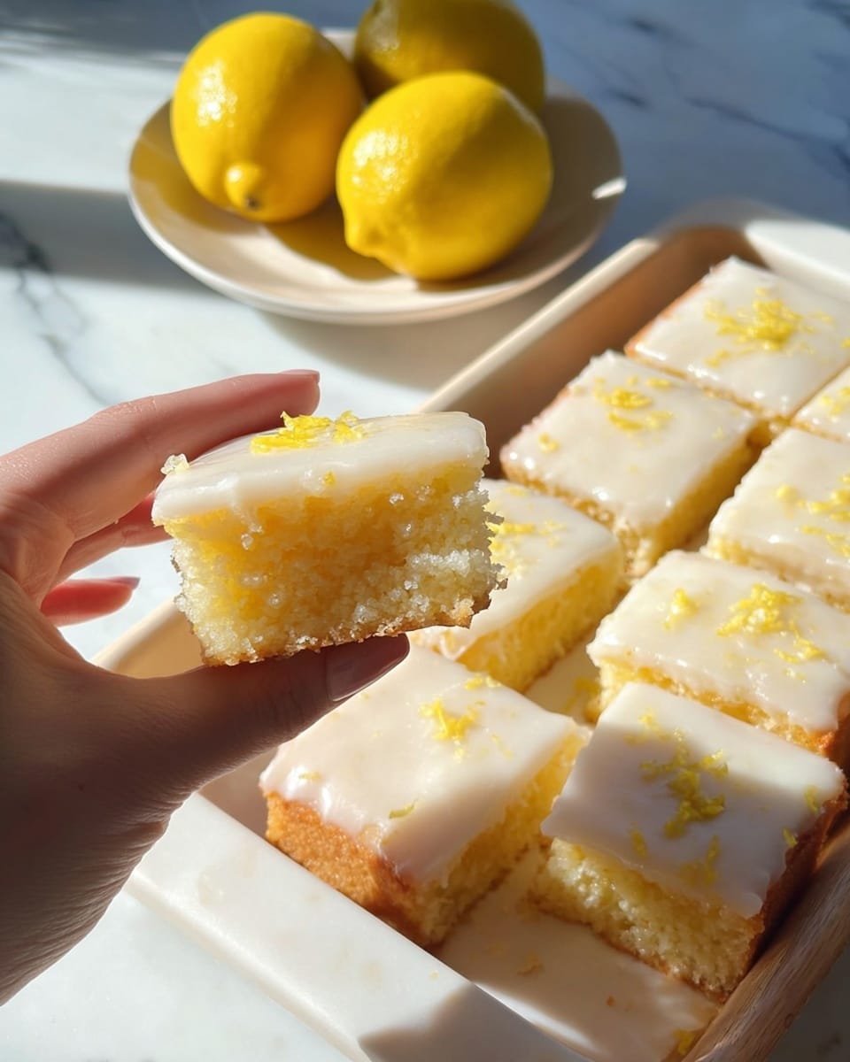 A close-up of a white rectangular tray with nine square pieces of lemon cake, each topped with a smooth, shiny white icing that has small yellow lemon zest sprinkled on top. One piece is held in a woman's hand above the tray, showing the cake’s soft, moist, yellow inside with tiny lemon bits visible. The tray is placed on a white marbled surface that catches sunlight, and two bright yellow lemons sit on a white dish in the background. Photo taken with an iphone --ar 4:5 --v 7