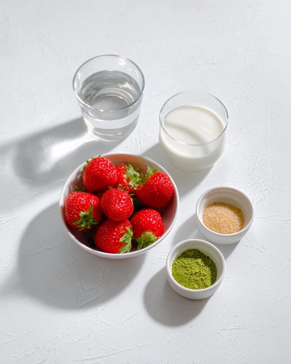 A white bowl filled with bright red strawberries with green leaves on top, placed on a white marbled surface. Next to it, there is a clear glass of water and a white bowl filled with white milk. In the front, there are two small white bowls, one containing light brown sugar and the other with green matcha powder. The whole scene is lit softly with natural light, creating clear shadows. Photo taken with an iphone --ar 4:5 --v 7