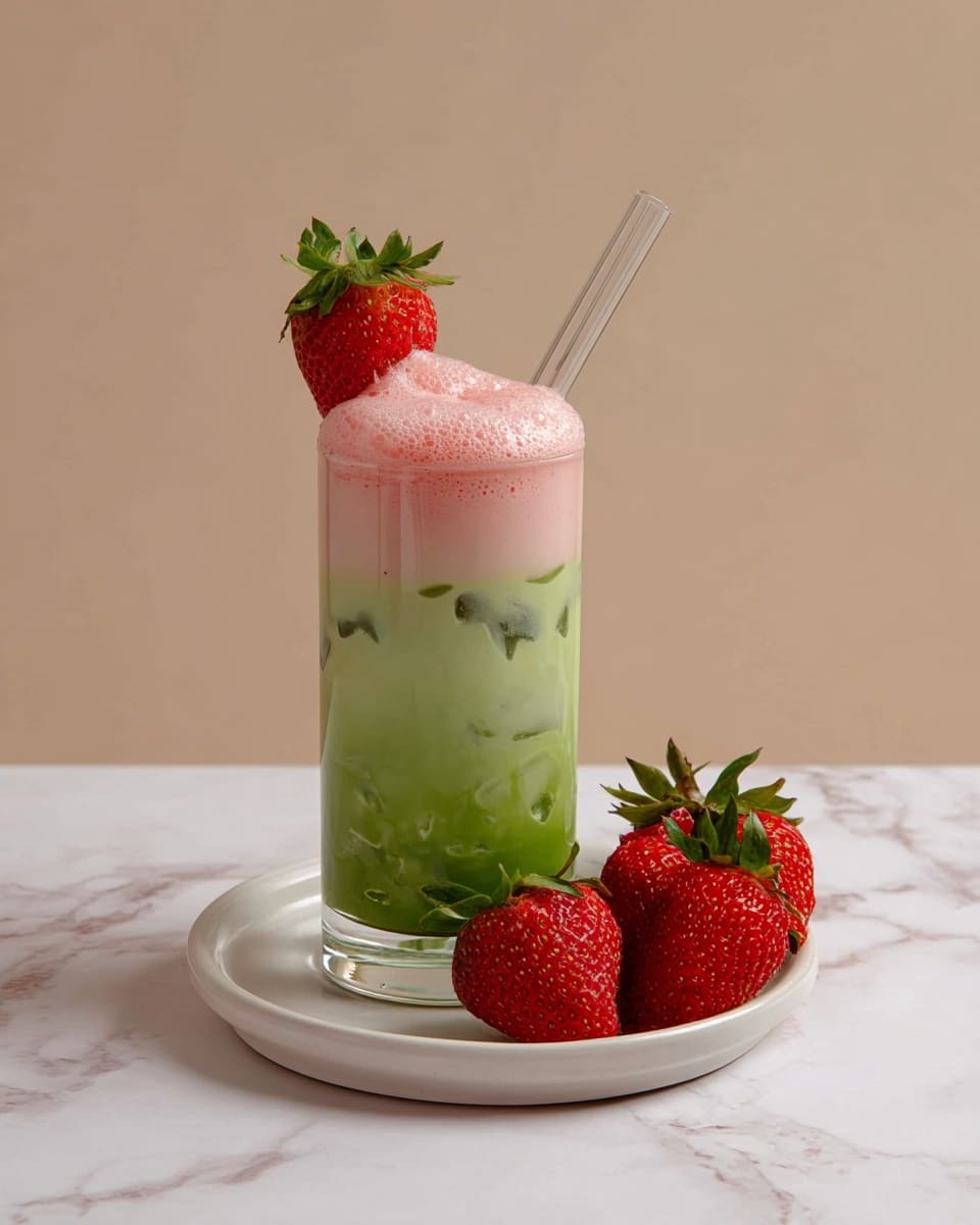 A tall clear glass shows a drink with two layers: the bottom layer is green with ice cubes visible, and the top layer is creamy light pink foam. A half strawberry with its green leaves is placed on the rim of the glass as a garnish. A clear glass straw is inserted into the drink, angled to the left. The glass sits on a round white plate with three bright red strawberries with green leaves around it. The surface below the plate has a white marbled texture, and the background is plain beige. Photo taken with an iphone --ar 4:5 --v 7