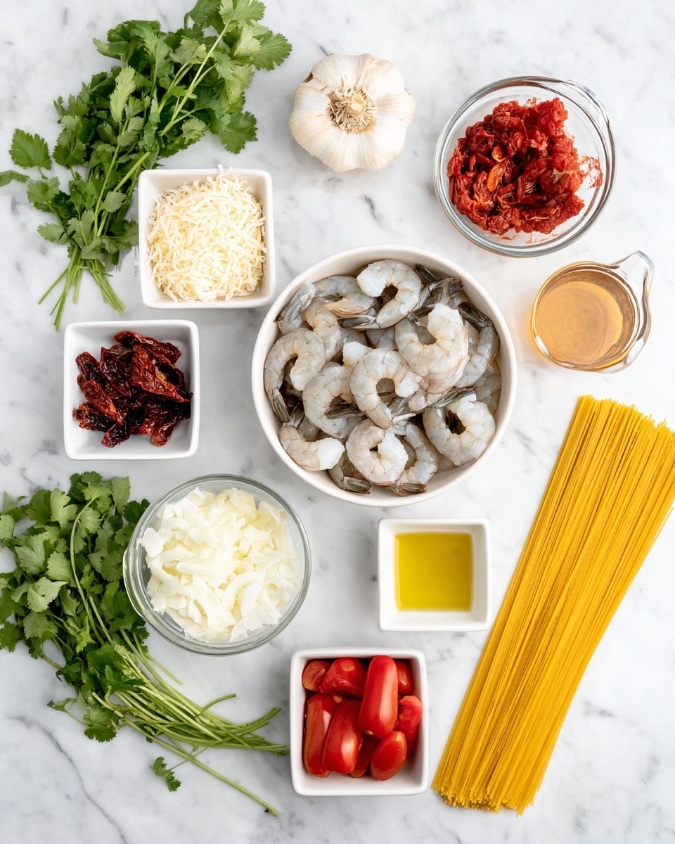 The image shows several small white bowls and a bunch of green cilantro leaves arranged on a white marbled surface. In the center is a white bowl filled with raw shrimp with grayish-white shells and tails. Nearby, a square white bowl contains shredded cheese that is off-white in color. Another small round white bowl has chopped white onions, and a square white bowl holds dark red sun-dried tomatoes. A small square white dish with light yellow oil is placed close by. Also visible are a bowl of chopped red tomatoes, a whole garlic bulb, a glass measuring cup filled with a light brown liquid, a bundle of uncooked yellow spaghetti, and fresh green cilantro leaves with long stems. Photo taken with an iphone --ar 4:5 --v 7