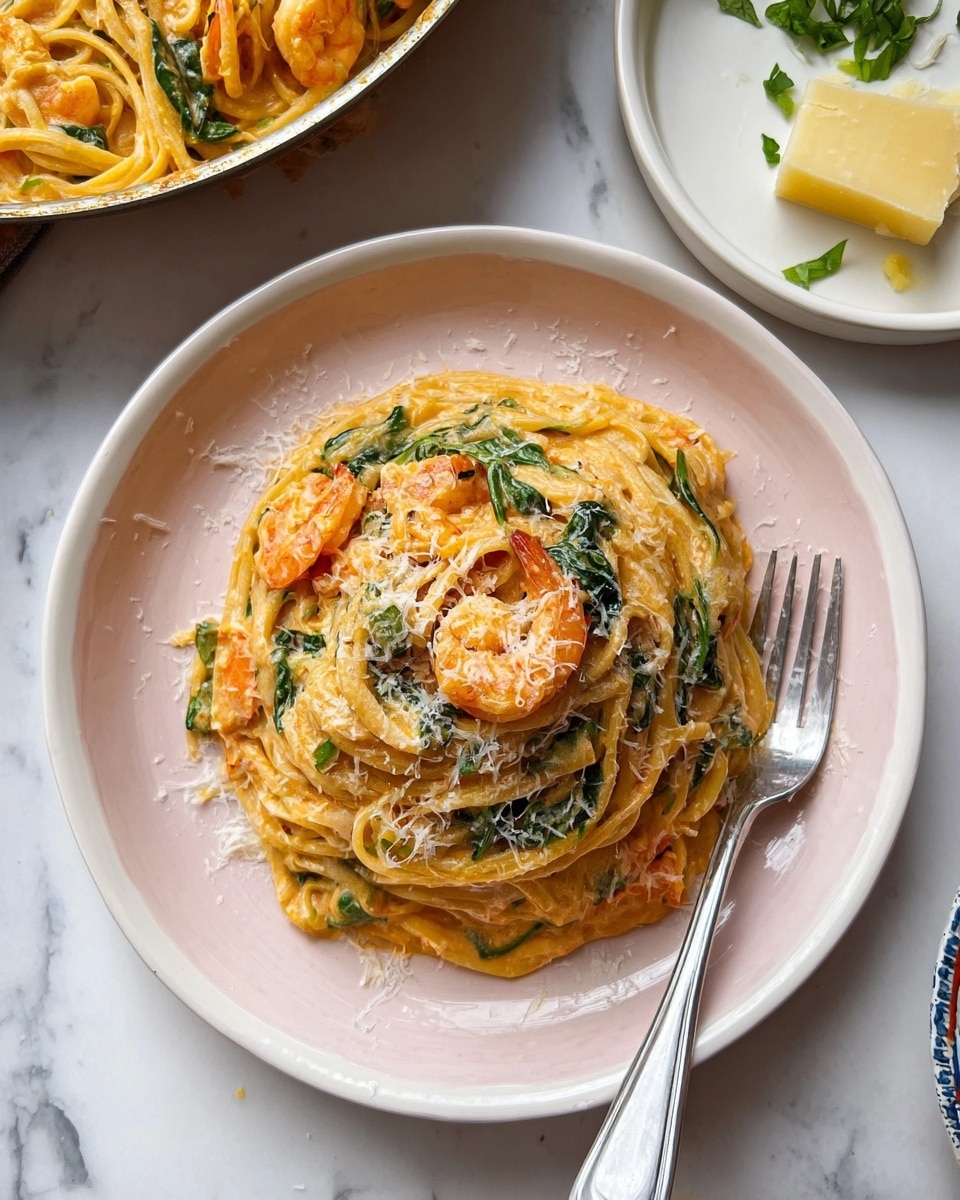 A mound of creamy orange pasta with visible strands of spaghetti sits in the center of a white plate with a slight pink hue; mixed through are cooked shrimp coated in the sauce, along with bright green spinach leaves scattered evenly. On top is a layer of finely grated white cheese that lightly dusts the shrimp and pasta. To the right side, a silver fork with a white and black handle rests on the plate edge. The background is a white marbled surface, with a pan of similarly sauced pasta visible in the upper left, and a small white plate with a pale yellow cheese wedge and green herb pieces in the upper right corner. Photo taken with an iphone --ar 4:5 --v 7