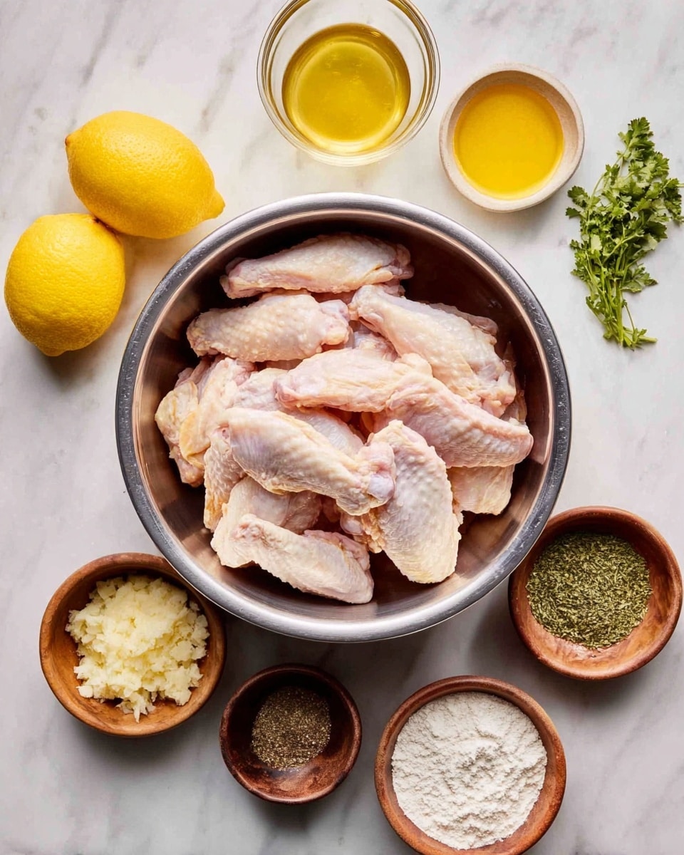 A round stainless steel bowl filled with many raw pale pink chicken wings sits on a white marbled surface. To the left of the bowl, two bright yellow lemons are placed close together. Around the bowl are five small brown bowls: one contains a light yellow liquid, another has a golden-yellow spice, one holds finely chopped white garlic, another is filled with black pepper, and the last has a mound of white flour. Some green herbs slightly peek in from the upper left corner. Photo taken with an iphone --ar 4:5 --v 7