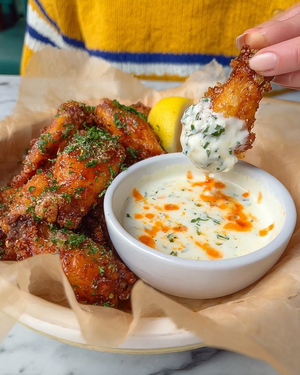 A white bowl filled with thick, creamy white sauce mixed with small green herbs, slightly splattered with orange sauce on the edges, sits in the foreground. Behind the bowl on white parchment paper is a pile of golden-brown fried chicken wings sprinkled with fresh green herbs. A wedge of bright yellow lemon is visible next to the wings. A woman's hand holds one chicken wing dipped halfway into the sauce, showing a mix of white and orange sauces on the wing. The background has a white marbled surface and a person wearing a yellow sweater with blue stripes. Photo taken with an iphone --ar 4:5 --v 7