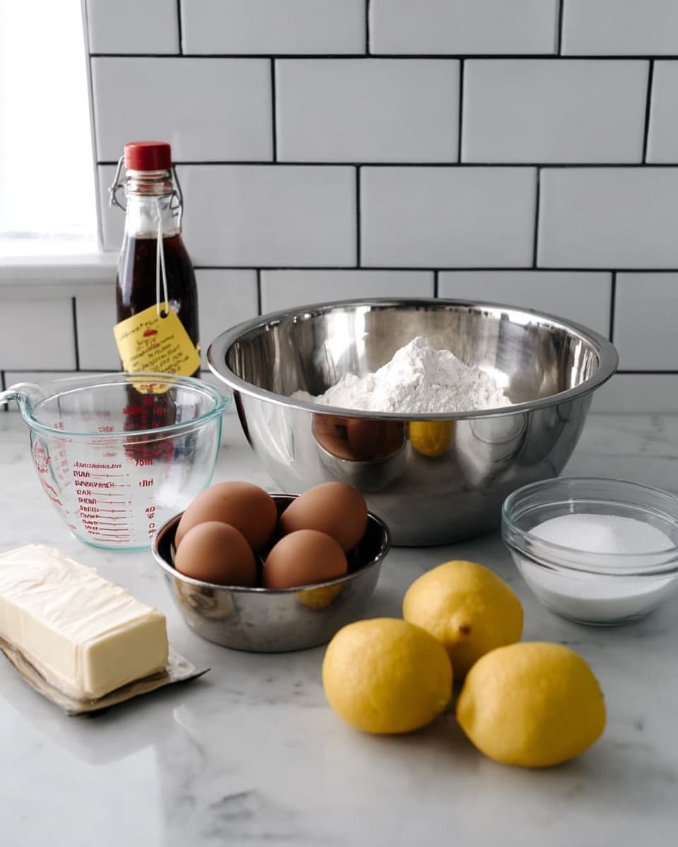 A white marbled countertop holds baking ingredients and tools arranged neatly in front of a white tiled wall with black grout. In the center, a large shiny silver metal bowl contains a small mound of white flour. In front of it, a smaller matching metal bowl holds three brown eggs. To the left, a glass measuring cup shows clear liquid with red measurement marks, sitting beside a stick of butter wrapped in a cream paper wrapper and an upright glass bottle filled with dark vanilla extract labeled with a yellow tag. Three bright yellow lemons are placed around the bowls and containers. A clear glass bowl with more white sugar sits on the right side. The image feels clean and organized, photo taken with an iphone --ar 4:5 --v 7