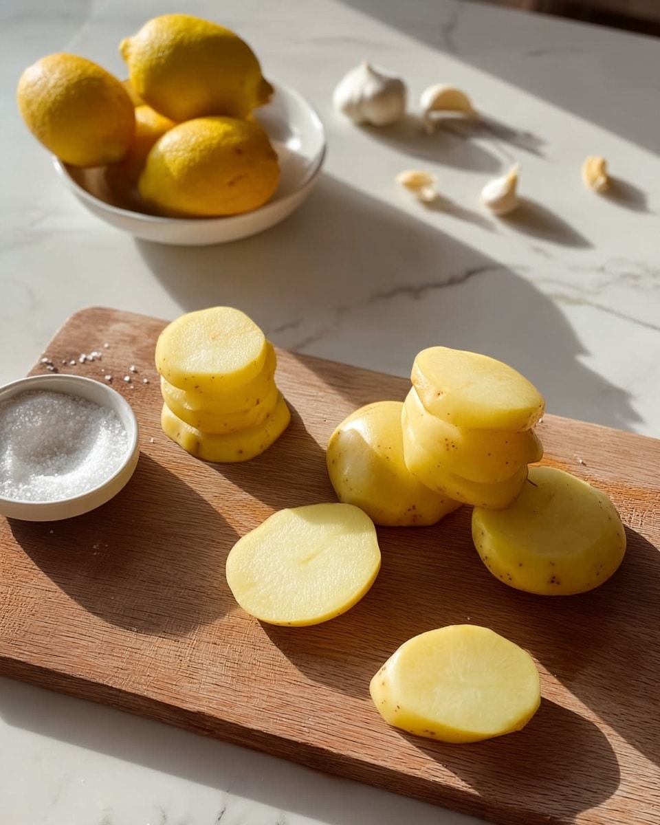 The image shows a wooden cutting board placed on a white marble surface with seven peeled potatoes scattered on it. Three of these potatoes are stacked in the bottom left corner, two of which are sliced into thick, flat layers with pale yellow inside and smooth edges. A small white bowl filled with coarse salt is on the left side of the board. In the background on the white marble surface, there is a white bowl holding four bright yellow lemons with one lemon outside it, along with a small handful of peeled garlic cloves. Bright natural light casts soft shadows across the scene, giving a warm and fresh feel. Photo taken with an iphone --ar 4:5 --v 7