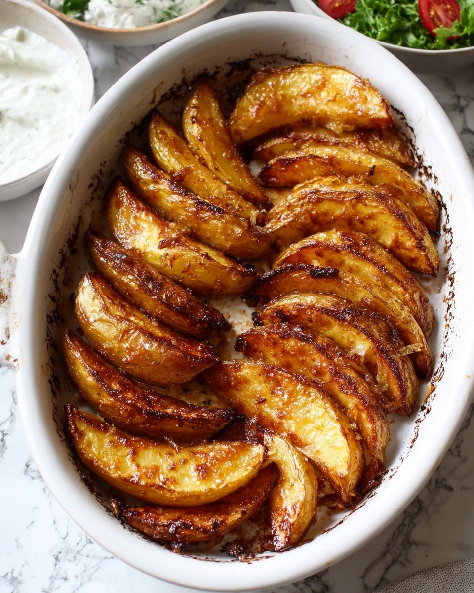 The dish shows a white oval baking dish filled with golden roasted potato wedges. The potato wedges are arranged in overlapping rows that form a semi-circle, with a nice crispy brown texture on the top edges and a soft yellow interior visible. The edges of the dish have some caramelized brown bits from roasting, adding contrast. The surface underneath has a white marbled texture. In the background, a corner of a white bowl with white sauce and another white dish with a green salad can be seen. photo taken with an iphone --ar 4:5 --v 7