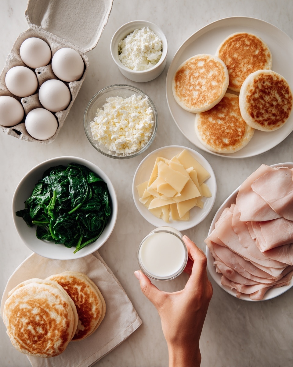 The image shows a white marbled surface with several small white bowls and plates arranged on it. There is a carton of white eggs in the top left corner, a white bowl filled with white cream next to it, and a small white bowl with green chopped spinach below. To the right, there is a white plate holding slices of yellow and white cheese. Below this plate, three round English muffins with a golden brown top are stacked. In the lower left corner, there are slices of light pink deli turkey arranged on a white plate. A woman's hand is holding a small glass of milk near the center. All items are well lit and clearly visible. photo taken with an iphone --ar 4:5 --v 7