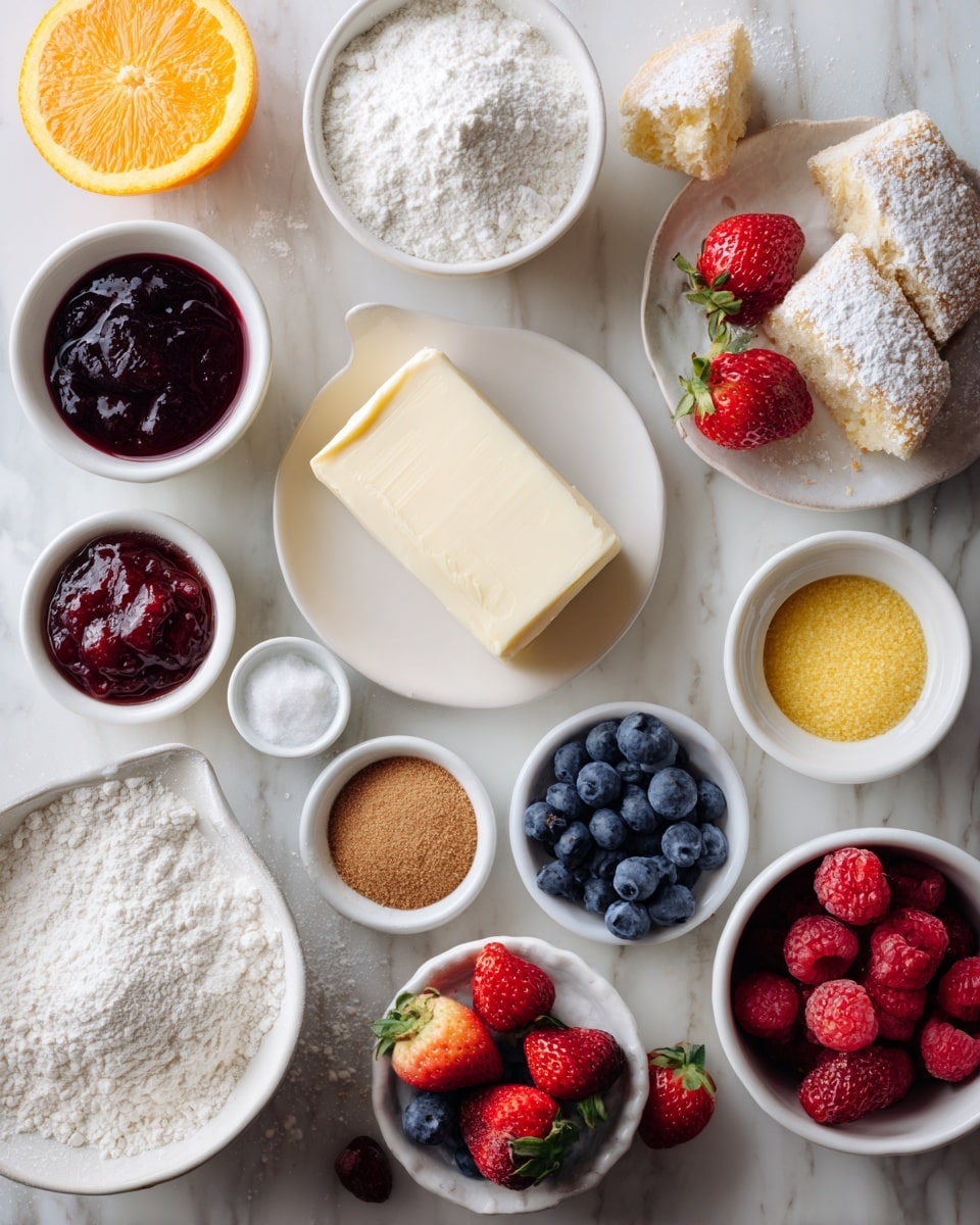 The image shows a white marbled surface with various ingredients arranged neatly. In the center is a block of butter on a white plate. Around it are small white bowls holding flour, sugar, brown sugar, jam, a mix of berries including strawberries and blueberries, and a yellow ingredient that looks like butter or cream. There is also a halved orange in the top center and a small mound of white powder, probably flour, in the upper left. The setup looks clean and organized for baking. Photo taken with an iphone --ar 4:5 --v 7