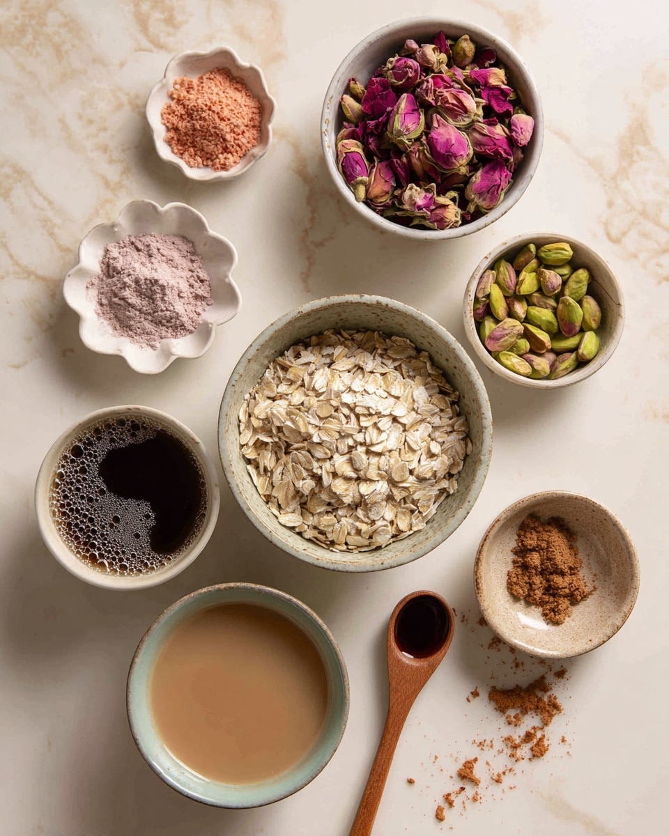 The image shows six small white bowls arranged on a white marbled surface. The largest bowl in the center is full of light beige rolled oats with rough, flaky texture. To the right of it, a bowl holds green pistachios, some with purple tint, appearing smooth and slightly shiny. Above the oats, a bowl is filled with dried rose petals in shades of pink, red, and orange, crinkly and colorful. Next to the petals, there is a cup with dark brown liquid, shiny with small bubbles on the surface. Below the oats, a bowl contains a smooth, light tan creamy sauce. To the left top corner, a small scallop-edged bowl has two piles of powder—one pink and the other warm brown. Scattered around are a few loose pistachios and rose petals, plus a wooden spoon with a small black pool on it. Photo taken with an iphone --ar 4:5 --v 7