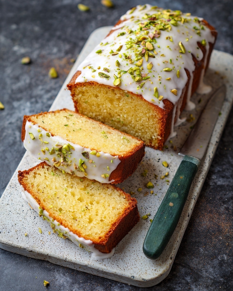 A loaf cake with two thick slices placed in front shows a soft, crumbly brown inside with tiny specks throughout. The cake is covered with a shiny white icing that drips slightly down the sides. The top of the icing is sprinkled with crushed green pistachio pieces. The cake is on a light gray stone slab, with a rustic knife lying flat next to it. The background is a white marbled texture. photo taken with an iphone --ar 4:5 --v 7