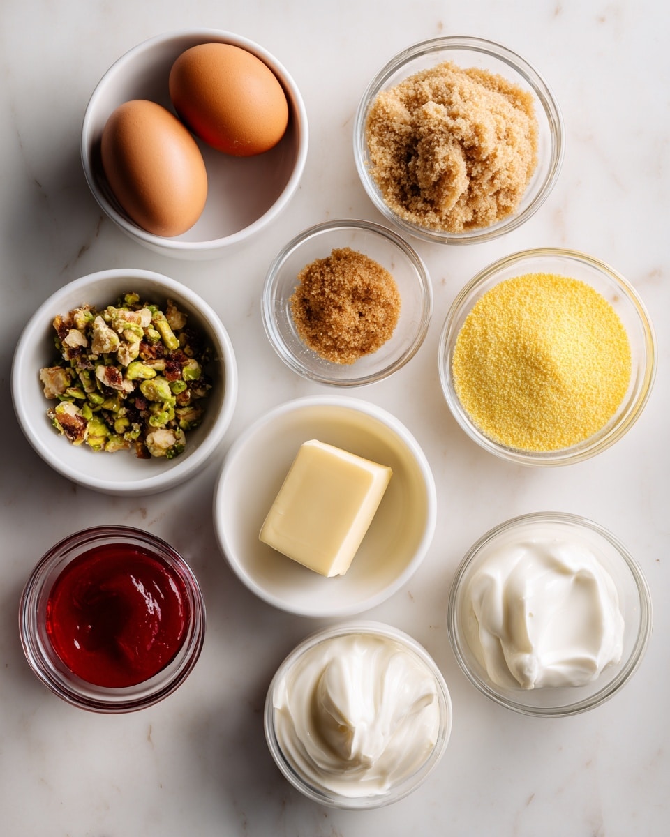 The image shows a top view of seven small white bowls arranged on a white marbled surface. There are two brown eggs in one bowl with a smooth texture and natural shine. Another bowl holds green and brown chopped nuts, showing rough and uneven pieces. A third bowl contains light brown sugar with a crumbly texture that looks soft. The fourth bowl is filled with bright yellow cornmeal, with a fine and grainy texture. There are three small clear glass bowls; one has glossy red sauce, another holds a small slab of pale yellow butter with a smooth surface, and the last bowl contains white sour cream with a creamy texture. Photo taken with an iphone --ar 4:5 --v 7