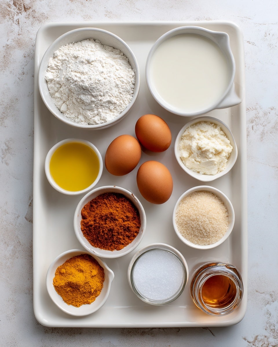 The image shows a white rectangular baking tray placed on a white marbled surface. On the tray, there are multiple small white bowls and some ingredients directly on the tray. The top left bowl contains white flour, next to it on the right is a bowl filled with milk. Below the milk is a bowl with a pale powder, likely almond flour. To the left of that is a small bowl with yellow liquid oil. Below the oil is a bowl filled with orange-brown spice mixture, presumably cinnamon or similar. Near the center of the tray, two brown eggs are placed directly on the tray. Below the eggs is a small pile of white granulated sugar on the tray. To the right of the sugar is a jar with granulated beige sugar. In the bottom left, there is a small pile of bright yellow powder, likely turmeric. Next to the turmeric is a small bowl with liquid vanilla extract, light brown in color. Finally, there is a small pile of white salt near the right bottom corner. The setup is neat and arranged with a clean, simple look. photo taken with an iphone --ar 4:5 --v 7