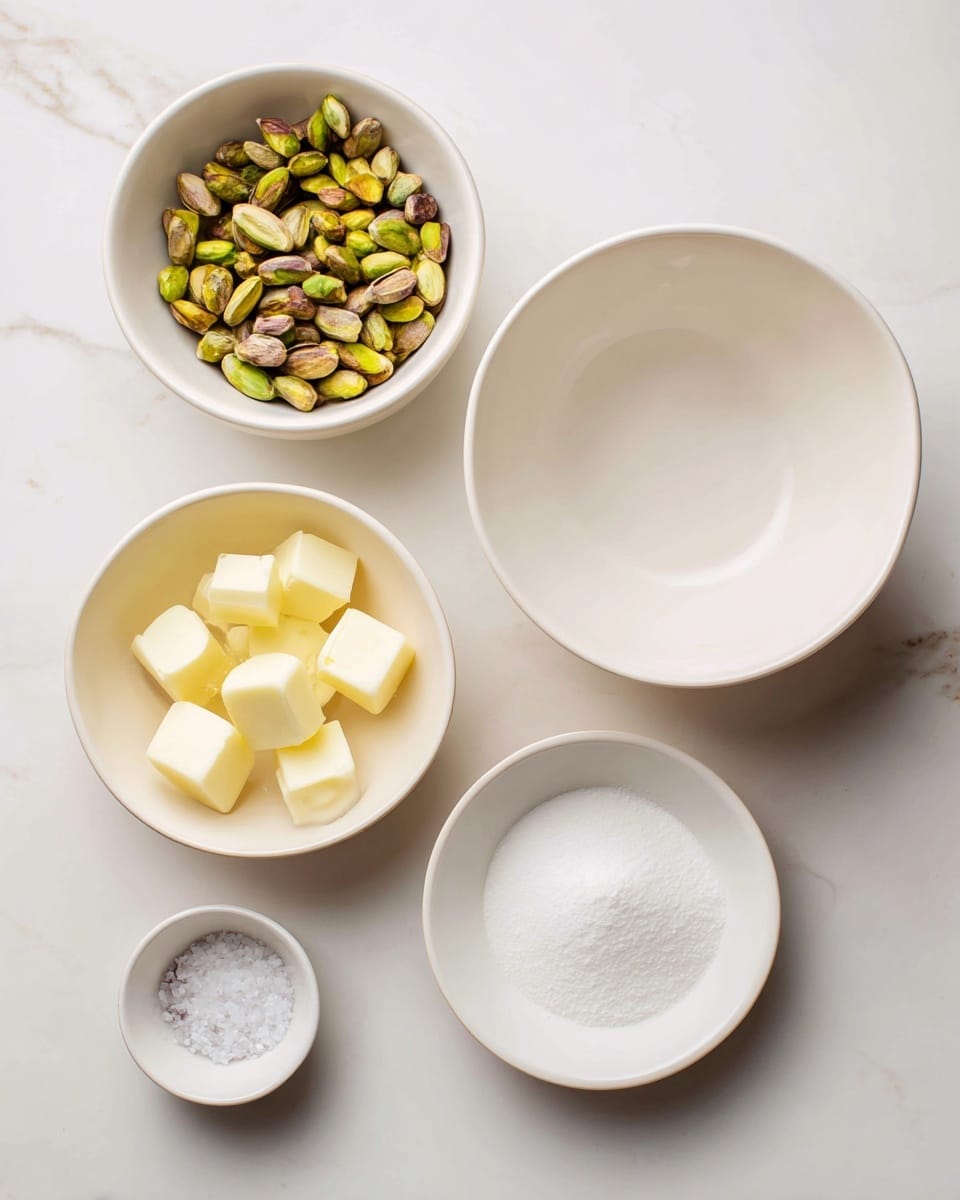 The image shows four white bowls arranged in a simple layout on a white marbled surface. The top left bowl is filled with whole green pistachios with some shells. Below it, another white bowl holds small pale yellow cubes, likely butter. To the right, a larger empty white bowl is placed for mixing. Below that, there are two small white bowls; one contains white powdered sugar, and the other has a small amount of salt. The setting is clean and minimalistic. Photo taken with an iphone --ar 4:5 --v 7