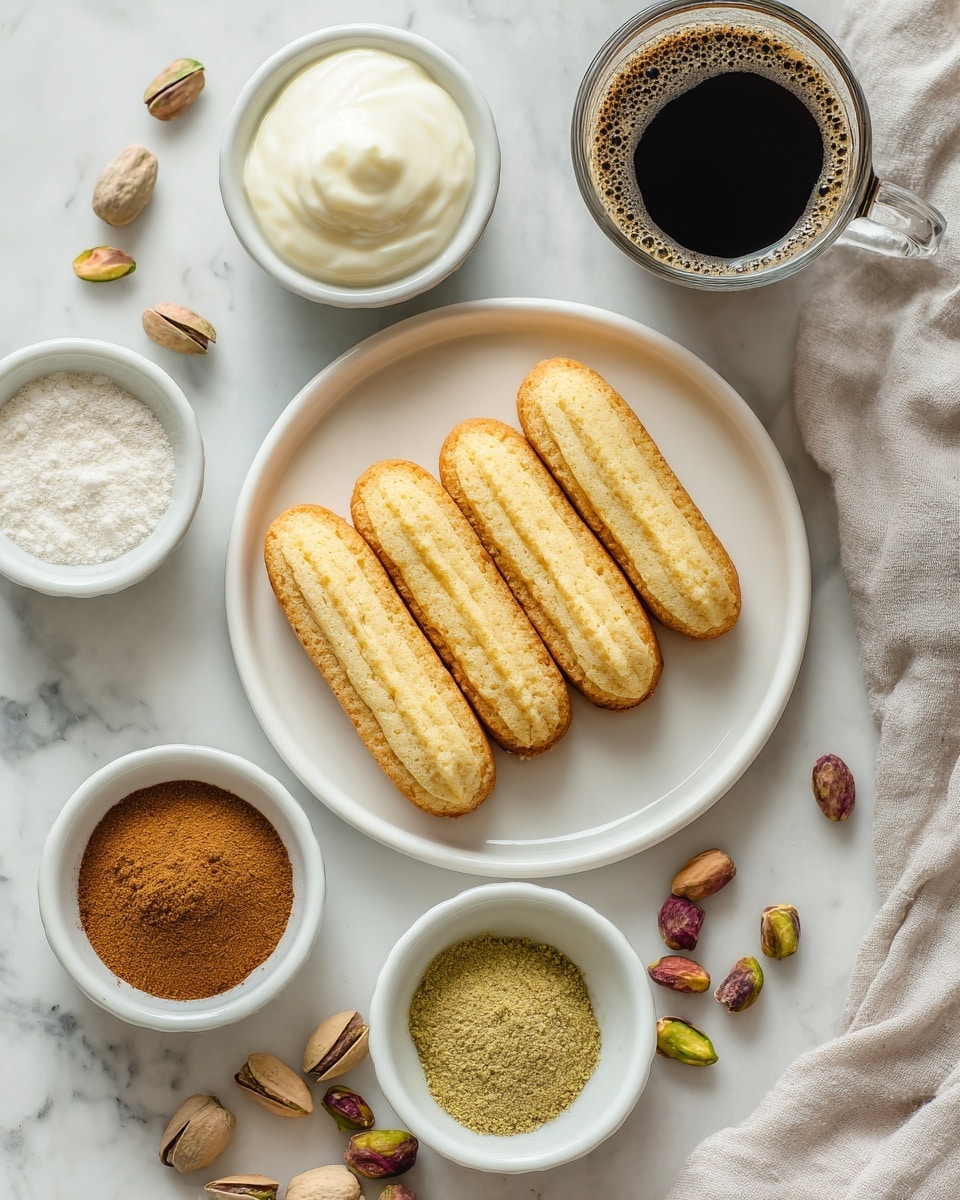 The image shows a white plate holding six ladyfinger cookies arranged in a neat row on a white marbled surface. Around the plate are small white bowls filled with different ingredients: one bowl has thick white cream, another has a light brown liquid, one has ground cinnamon, and a smaller bowl contains a greenish powder. There is also a glass cup filled with black coffee and a small bowl with sugar. On the white marbled surface near the bowls, some pistachios and brown nuts are scattered. A soft light gray cloth sits partly under some of the bowls. photo taken with an iphone --ar 4:5 --v 7