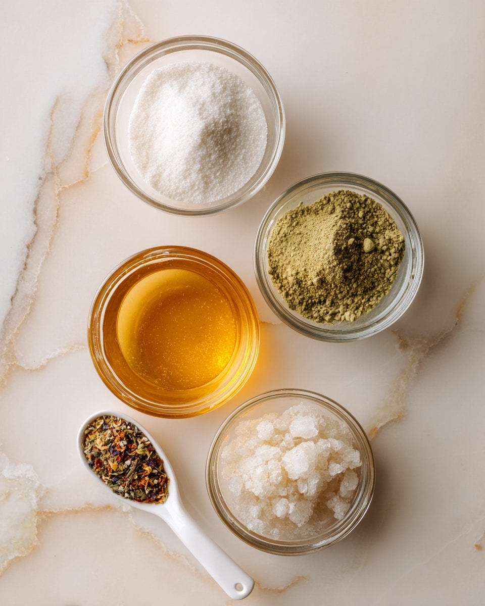 The image shows five small glass bowls arranged on a white marbled surface. Three bowls sit at the top in a row, each filled with different ingredients: the left bowl holds white powder, the middle one contains granulated white sugar, and the right has green powder with a smooth texture. Below these, a bowl at the center holds golden honey with a shiny surface. To the left of the honey bowl, there is a small white measuring spoon filled with a mix of colorful spices, mainly green and brown. The setup looks neat and organized, with soft natural light enhancing the colors. Photo taken with an iphone --ar 4:5 --v 7