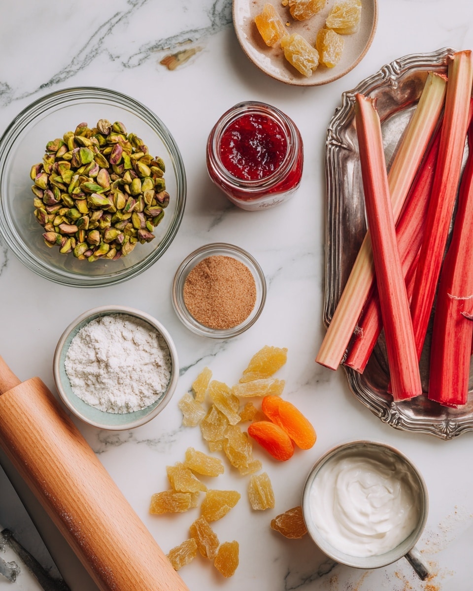 The image shows ingredients neatly arranged on a white marbled surface. There is a clear glass bowl with chopped green pistachios, a jar of red jam, a small bowl with light brown sugar, and a bowl of white flour, all placed around a stick of bright red rhubarb on a silver tray. A small cup with cream and an orange fruit are also visible. A wooden rolling pin and pieces of light yellow dried fruit are laid out nearby. The colors are soft and natural with a mix of red, green, orange, and white. photo taken with an iphone --ar 4:5 --v 7