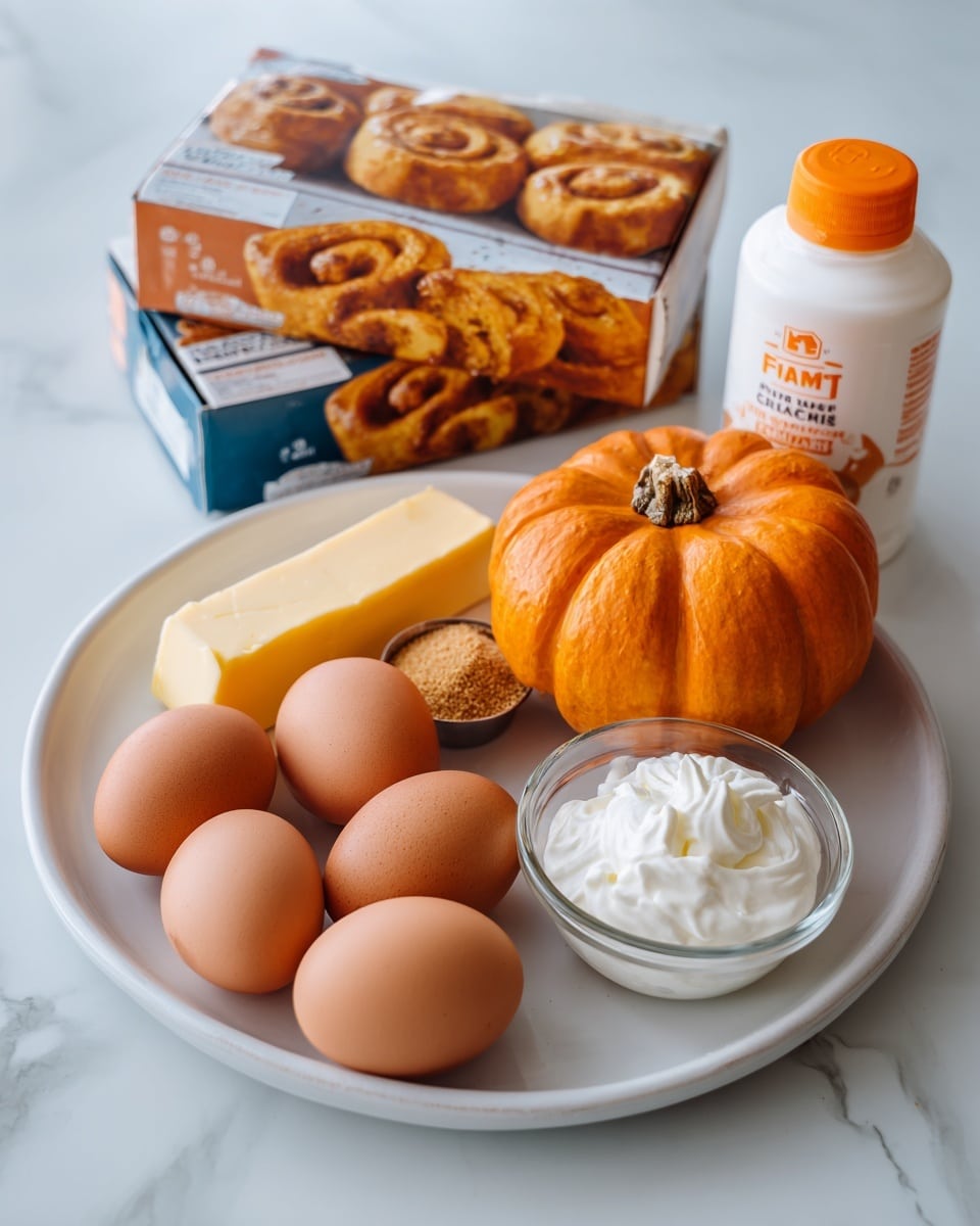 The image shows a white plate on a white marbled surface holding ingredients for baking. There are four brown eggs placed closely together on the left side of the plate. Next to the eggs is a round orange pumpkin, followed by a measuring cup filled with brown sugar. Behind these, two blue boxes of orange rolls are stacked one on top of the other, showing a picture of baked rolls on the packaging. A stick of yellow butter is placed horizontally near the sugar, and a bottle of white whipping cream with an orange and white label is located on the right side. The whole scene is brightly lit, with the colors of the ingredients contrasting against the white marbled background, and a woman's hand is visible holding the plate from the left edge. photo taken with an iphone --ar 4:5 --v 7
