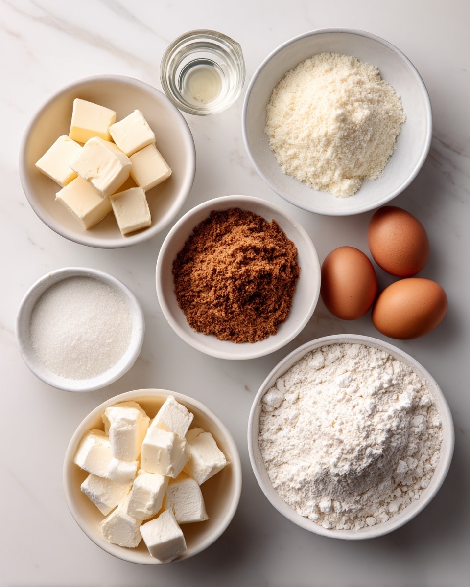 The image shows several bowls and ingredients arranged neatly on a white marbled surface. There are seven main items visible: a white bowl with off-white small cubes of butter, a clear glass measuring cup with a liquid, a white bowl filled with brown crumbly powder, another white bowl with small white grains, a white bowl full of white thick cubes resembling cream cheese, a larger white bowl with white flour, and two brown eggs placed beside it. The ingredients are organized in a clean and simple way, ready for baking. photo taken with an iphone --ar 4:5 --v 7
