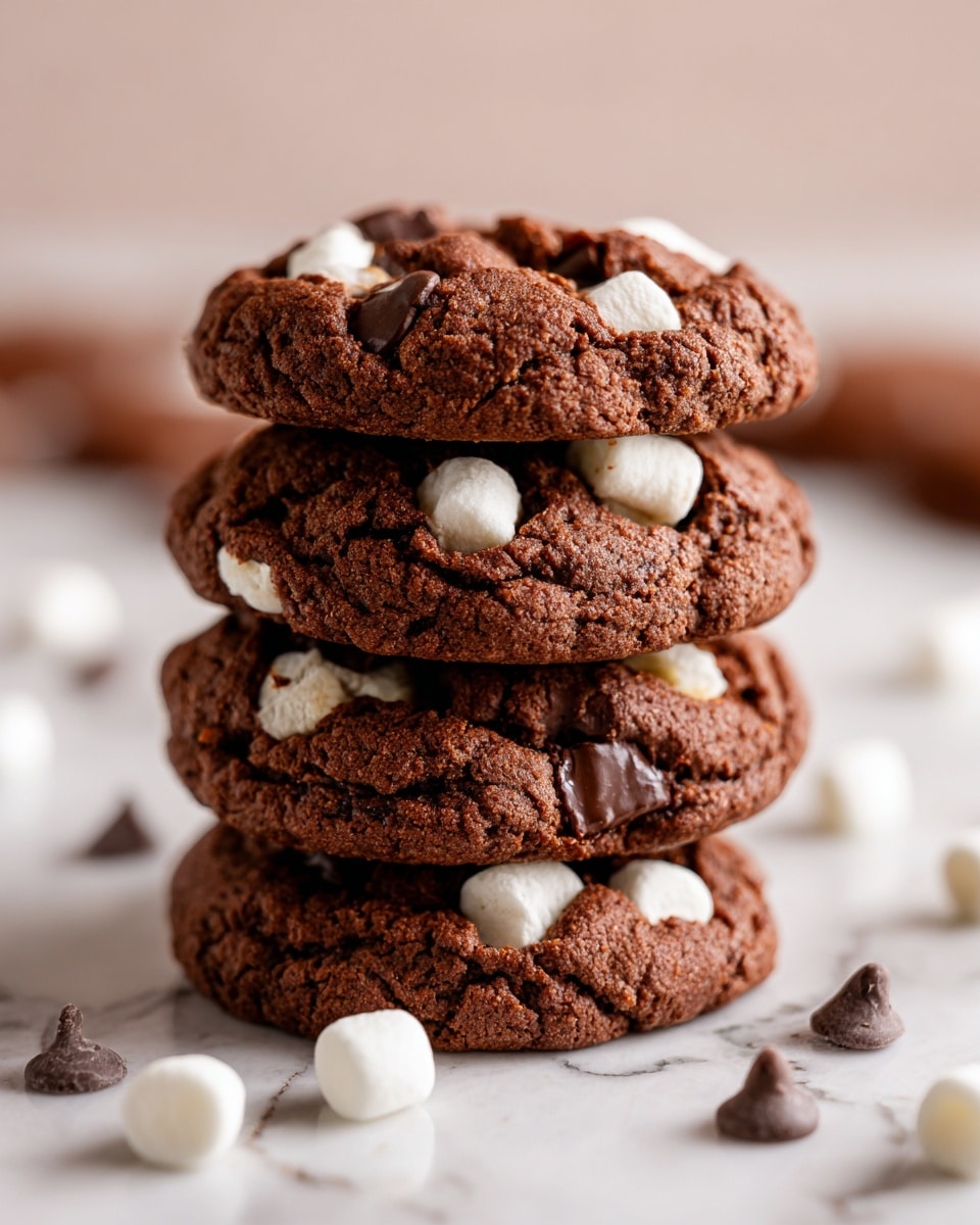 A stack of three thick, soft chocolate cookies filled with dark chocolate chips and small white marshmallows is shown close-up. The top cookie has five visible marshmallows and many chocolate chips embedded in its textured, slightly cracked surface. Loose chocolate chips and small marshmallows are scattered around the stack on a white marbled texture. The overall color is rich dark brown with white and dark brown contrast. Photo taken with an iphone --ar 4:5 --v 7