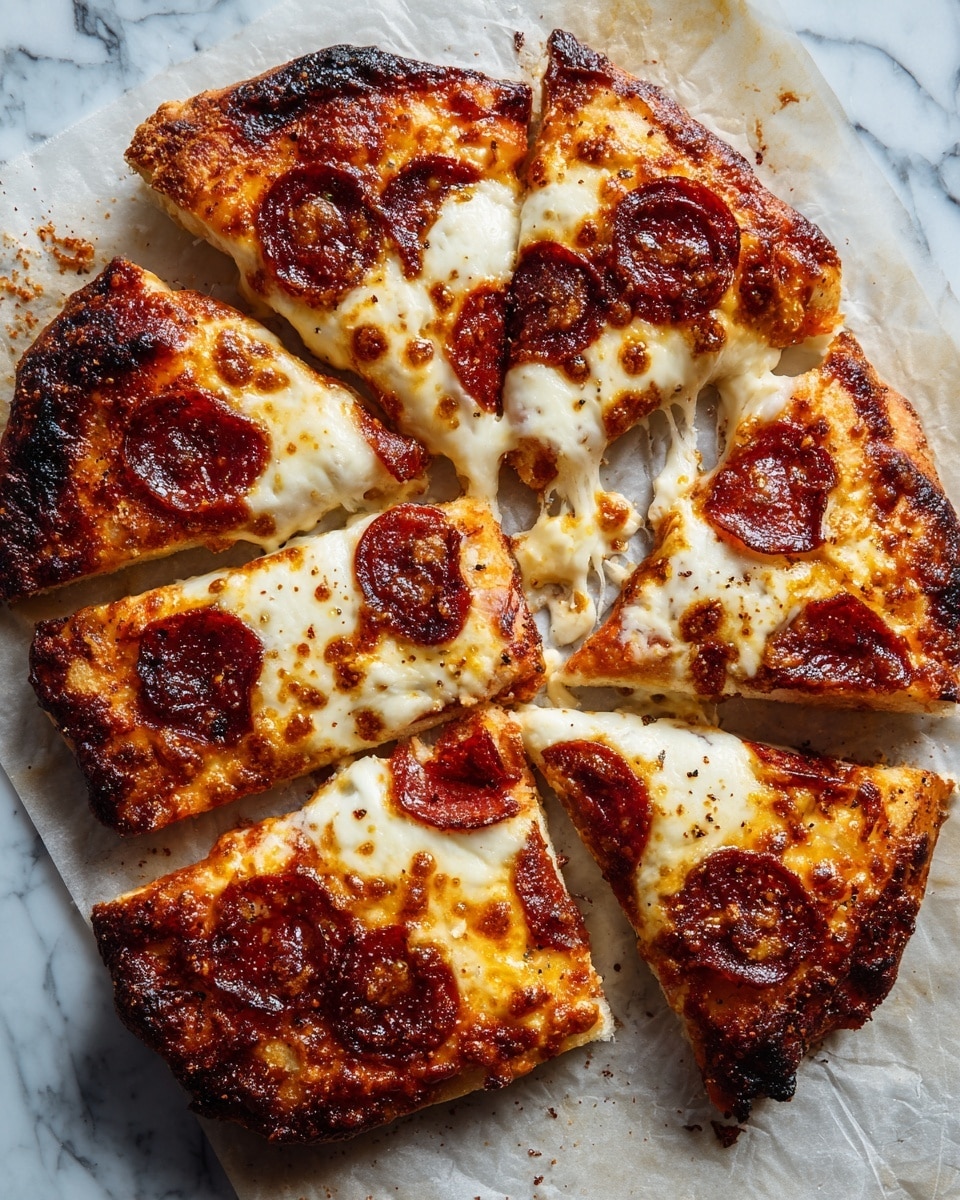 There are eight rectangular slices of pepperoni pizza placed closely together on a crinkled piece of parchment paper. Each slice shows a golden-brown crust that is slightly thick with some darker toasted spots. The cheese layer is creamy white and melted unevenly, covering the base with areas of slight bubbling and browning. On top of the cheese, rich reddish-brown pepperoni slices and dollops of thick red tomato sauce are spread, giving a textured and slightly crispy look. The background is a white marbled texture. photo taken with an iphone --ar 4:5 --v 7