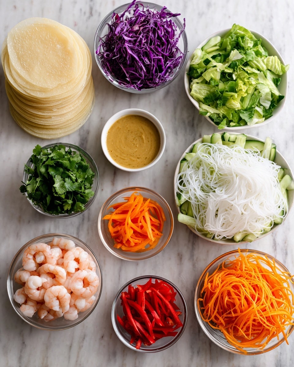 The image shows an assortment of ingredients for making fresh spring rolls, all arranged neatly on a white marbled surface. There is a stack of round rice paper wrappers at the top left, next to a small clear bowl filled with shredded purple cabbage. Below them, a white bowl holds chopped green lettuce. To the right, a small white bowl contains a light brown mustard-like dipping sauce. Moving downward, there are small clear bowls filled with thin red strips of bell pepper, fresh green basil leaves, cooked pink shrimp, thinly sliced cucumber matchsticks, fresh cilantro sprigs, bright orange julienned carrots, and a pile of translucent rice noodles on the right. The arrangement clearly shows layers of fresh, colorful ingredients with smooth and crisp textures, ready for assembling. Photo taken with an iphone --ar 4:5 --v 7
