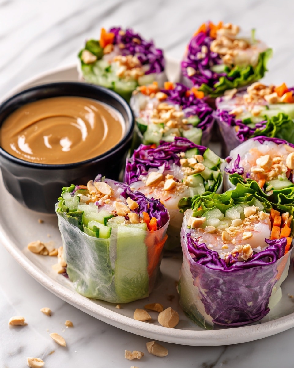 The image shows several fresh spring rolls sliced in half and arranged on a white plate with visible layers inside each roll. The outer layer is a translucent rice paper that reveals bright purple cabbage, orange carrot strips, green lettuce, cucumber slices, herbs, and small pink shrimp. Each spring roll half has a dollop of light brown sauce on top, sprinkled with chopped nuts. In the background, there is a small black bowl filled with more of the light brown sauce. The plate rests on a white marbled surface. Photo taken with an iphone --ar 4:5 --v 7