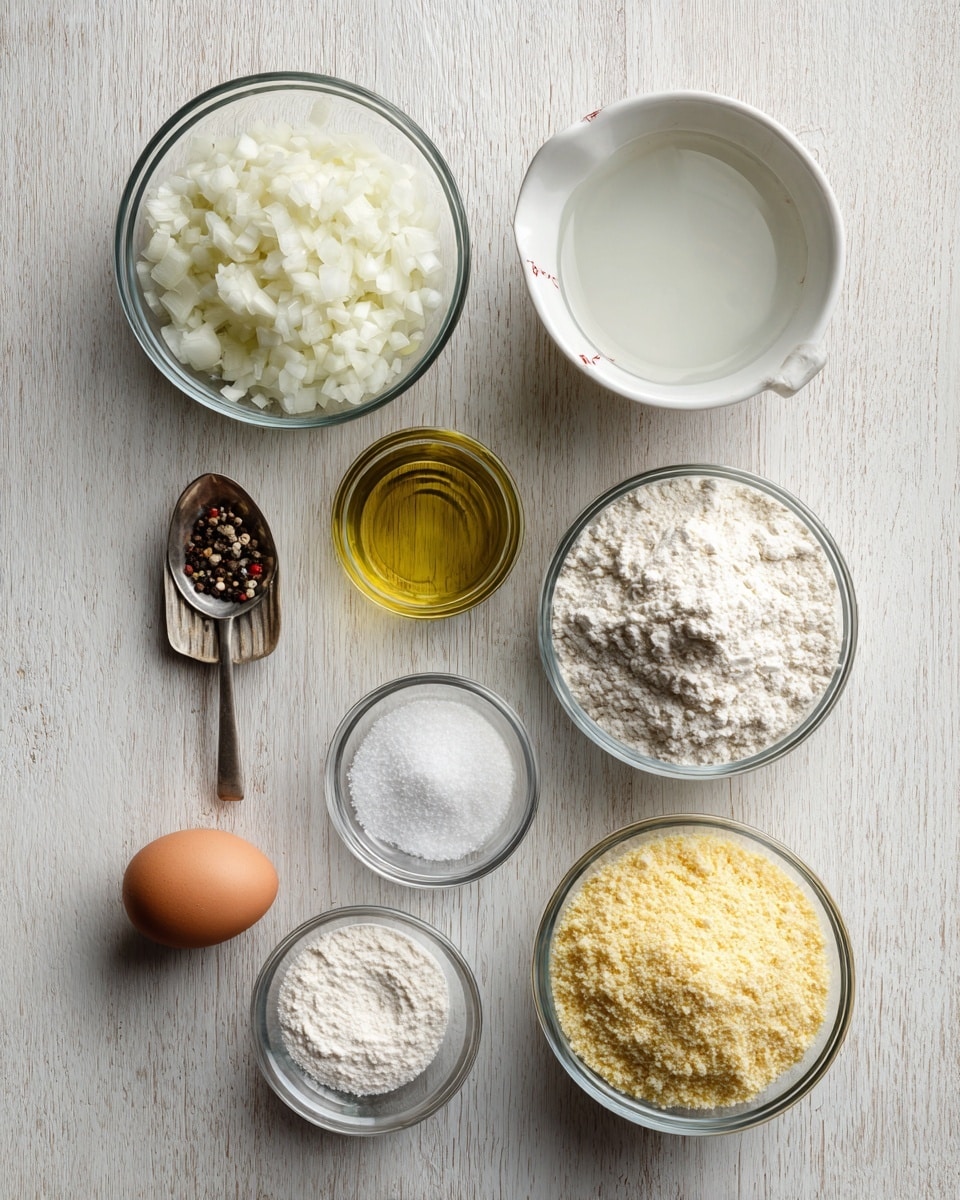A flat lay image shows eight ingredients placed in neat rows on a light-colored wooden surface. In the top row from left to right, there is a glass bowl filled with finely chopped white onions, a white bowl with plain white liquid, and a clear glass measuring cup with a light yellow oil. Below, on the left, a small metal spoon holds a mix of black and white pepper, next to a single brown egg. To the right of the egg, two small glass bowls contain white granulated sugar and baking powder. Next to them, a medium glass bowl holds white flour, and the last glass bowl on the right contains fine yellow cornmeal. photo taken with an iphone --ar 4:5 --v 7