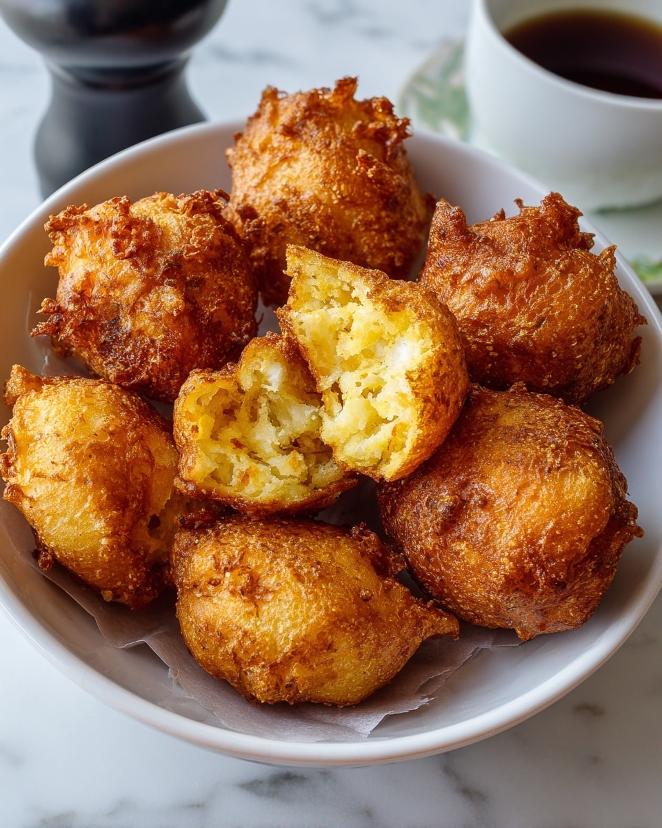 The image shows a white bowl filled with about eight golden-brown fried fritters stacked in layers. Each fritter has a rough, crispy texture with small crumbly edges and some darker brown spots showing fried crispiness. The fritters are unevenly shaped and piled up in a way that some are on top and others peeking out underneath. The bowl rests on a white marbled surface, and a black pepper grinder is partially visible to the left. The lighting highlights the warm, crunchy surface of the fritters with soft shadows around the bowl. photo taken with an iphone --ar 4:5 --v 7
