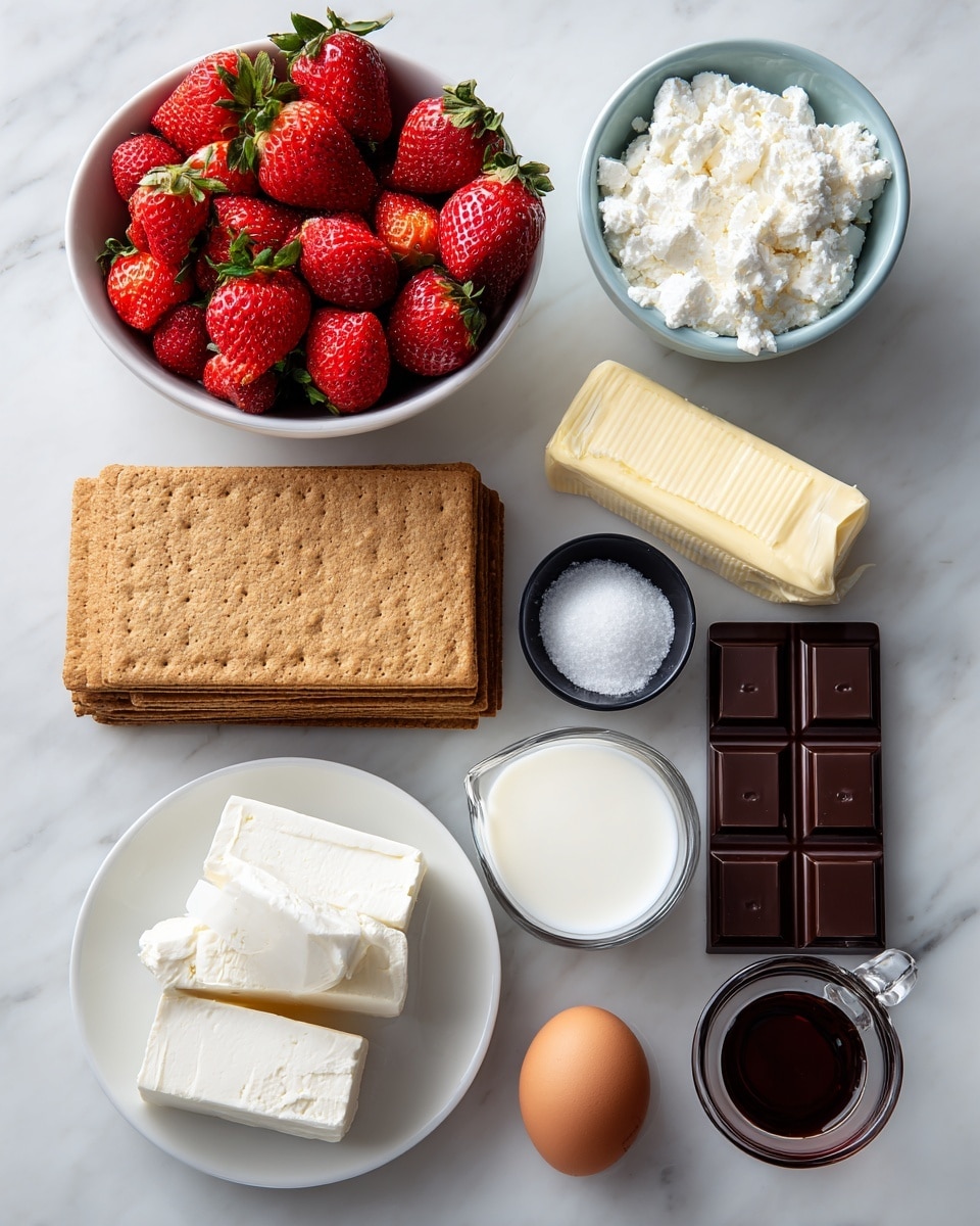 The image shows various ingredients neatly arranged on a white marbled surface. There are two bowls filled with fresh red strawberries, one larger and sitting on the left side, and one smaller placed near the top right. Six rectangular graham crackers are stacked beside the large bowl on the top left. Near the center bottom is a white plate holding two blocks of white cream cheese or similar dairy product, one smaller block placed on top of a larger one. Above the plate is a stick of butter in yellow packaging, and nearby a light blue bowl is filled with white granulated sugar while a small black bowl holds a fine white powder, likely salt. There is a single brown egg placed near the bottom right, alongside a small glass measuring cup filled with cream. At the top right corner lies a dark chocolate bar segmented into squares. Near the top center is a small white bowl with a dark liquid, possibly vanilla extract. All the items sit on a clean white marbled surface. Photo taken with an iphone --ar 4:5 --v 7