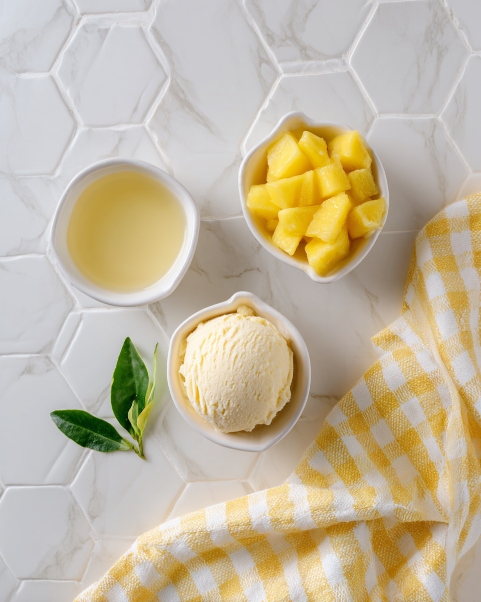 Three small white bowls are arranged on a white marbled hexagonal tile surface. The top left bowl contains a clear yellowish liquid. The top right bowl holds bright yellow cubed pieces of fruit. The bottom bowl is filled with a single scoop of pale cream-colored ice cream. A yellow and white checkered cloth is placed to the right side of the bowls. photo taken with an iphone --ar 4:5 --v 7