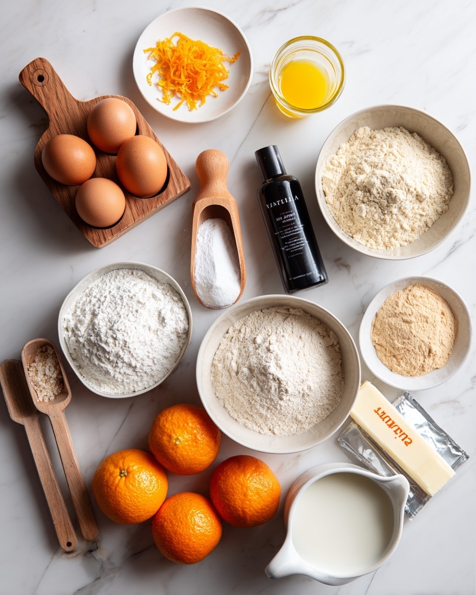 The image shows various baking ingredients arranged on a white marbled surface. Four brown eggs rest on a wooden holder to the top left, next to a small white plate with orange zest. Nearby, a clear glass cup holds a yellow liquid. Below, a wooden scoop holds white sugar, and beside it a small white bowl is filled with white powder. At the center, a black bottle labeled