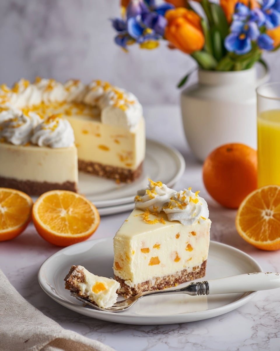 A cheesecake with three visible layers sits on a white plate with a white marbled surface underneath. The bottom layer is a crumbly light brown crust, the middle layer is a smooth, creamy yellow cheesecake filling, and the top layer is thick, white whipped cream with small orange zest sprinkled over it. A slice of the cheesecake is lifted by a metal spatula, showing the clean layers clearly. Nearby, there are two small white bowls with blue interiors; one holds peeled orange segments and the other holds some orange zest. Photo taken with an iphone --ar 4:5 --v 7