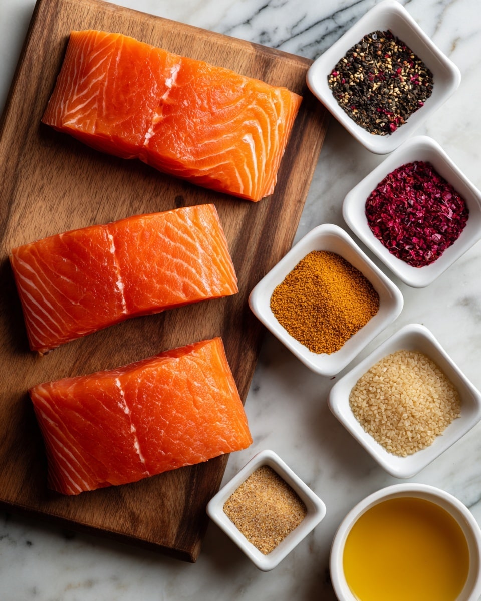 Two wooden boards each hold two pieces of fresh, bright orange salmon with visible white lines of fat creating a soft texture. To the right of the boards are six small white square bowls arranged in two columns: the top left bowl contains black and pink ground spices, the middle left bowl holds a deep red powdered spice, and the bottom left bowl is filled with light beige granules. On the right column, the top bowl has a light golden liquid, and below it, a bowl with coarse grainy mustard stands next to an empty white bowl. All items sit on a white marbled surface. photo taken with an iphone --ar 4:5 --v 7