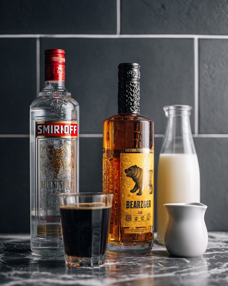 A clear glass bottle of Smirnoff vodka with a red cap and detailed white and gold label stands on a dark surface with a white marbled texture at the back. Next to it is a tall glass bottle of Bärenjäger honey liqueur, amber colored with a black textured cap and a yellow label showing a bear and honeycomb design. In front of these bottles is a short transparent glass filled with dark coffee. Beside the glass is a small white ceramic pitcher and a glass bottle filled with fresh white milk. The background is made of dark grey tiles with light grout lines. Photo taken with an iphone --ar 4:5 --v 7