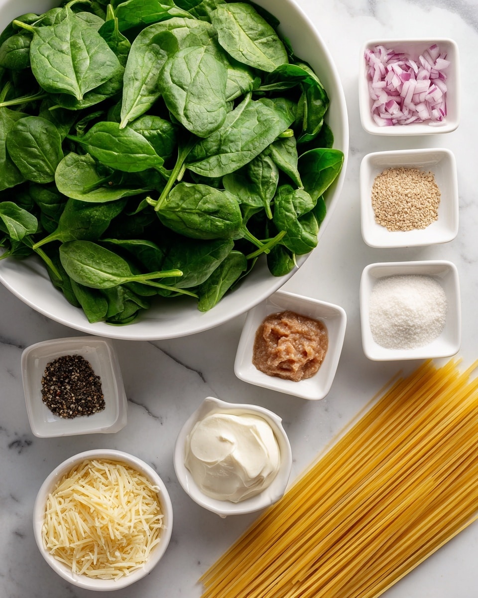 A large white bowl filled with fresh green spinach leaves sits on the left side of the image. To the right of this bowl is a group of small white square dishes neatly arranged in a grid, each holding different ingredients: one with finely chopped red onions, one with a beige powder, one with black pepper, one with white granulated seasoning, one with a creamy white dollop, and one with a brown paste-like substance. Below these dishes, a white bowl holds a light yellow grated cheese. To the bottom right, uncooked yellow spaghetti noodles are placed in a bunch. The entire setup is placed on a white marbled surface, creating a clean and organized cooking preparation scene. photo taken with an iphone --ar 4:5 --v 7