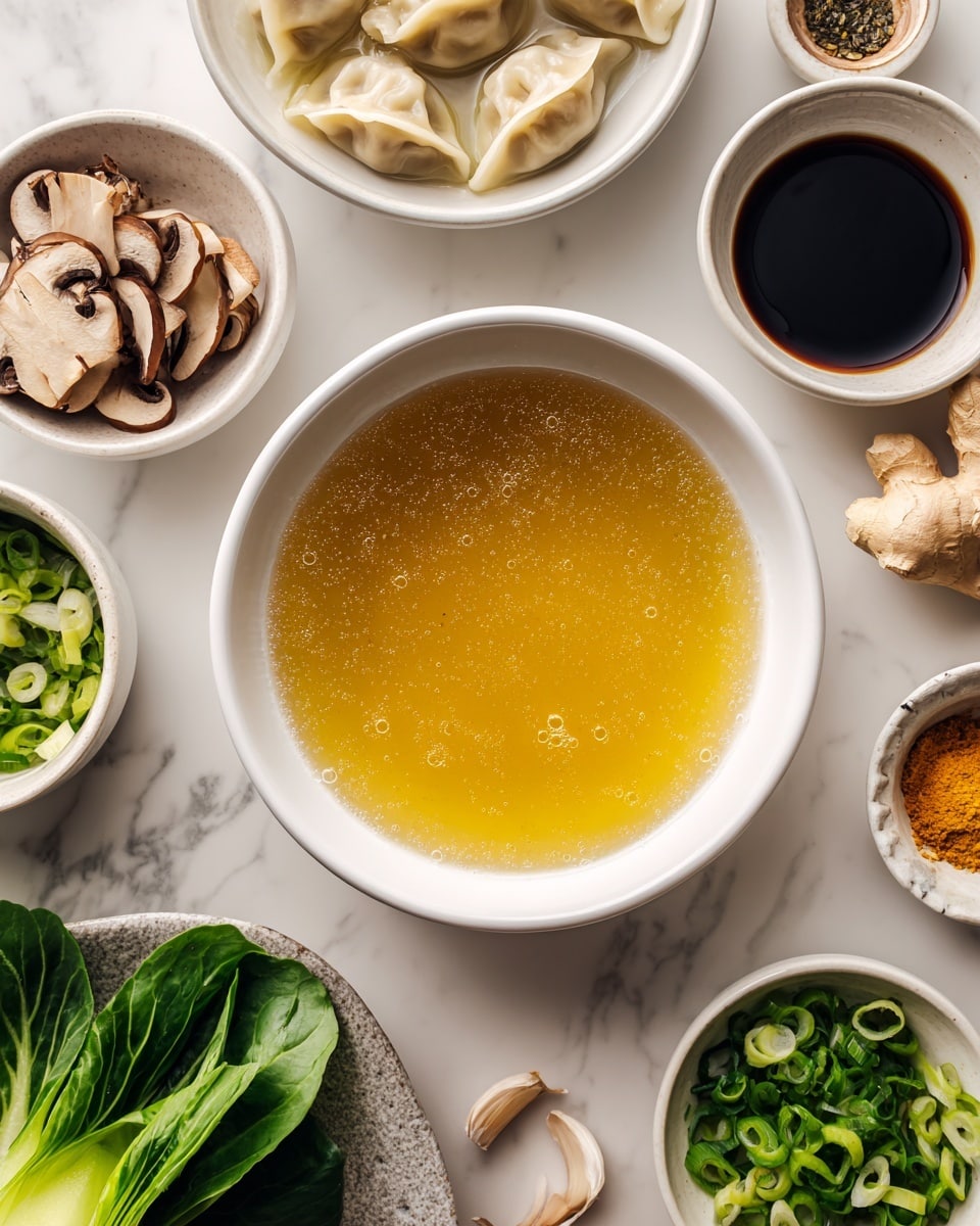 A white bowl filled with clear yellow broth sits in the center on a white marbled surface, with small oil droplets floating on the smooth soup surface. Surrounding it are smaller white bowls and dishes holding different ingredients: sliced brown mushrooms, light brown minced garlic, yellow minced ginger, a light brown liquid, chopped green onions, fresh green bok choy on a white plate, a bowl filled with pale dumplings, and a bowl of dark soy sauce. The arrangement is neat and balanced. Photo taken with an iphone --ar 4:5 --v 7