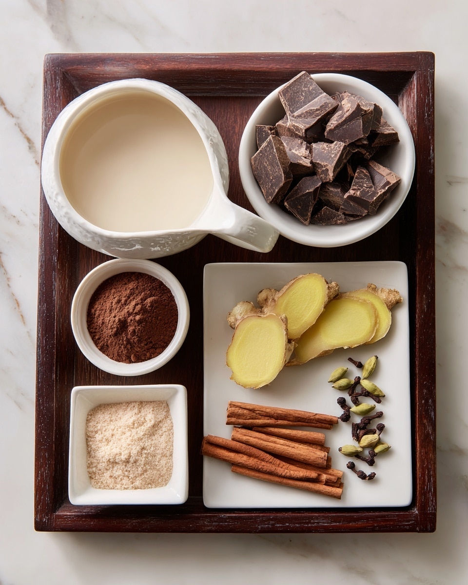 The image shows a white jug filled with pale creamy liquid placed on the top left of a dark wooden tray. Next to it on the right is a small white bowl filled with large chunks of dark chocolate. Below the jug in the center is another small white bowl containing dark brown cocoa powder. On the bottom left is a small white square dish holding light brown granulated sugar. To its right, a white plate holds two slices of pale yellow fresh ginger with thin skin. Finally, on the bottom right corner, a white square plate has several cinnamon sticks, a few cardamom pods, and some small dark cloves arranged neatly. The background is a white marble surface. photo taken with an iphone --ar 4:5 --v 7